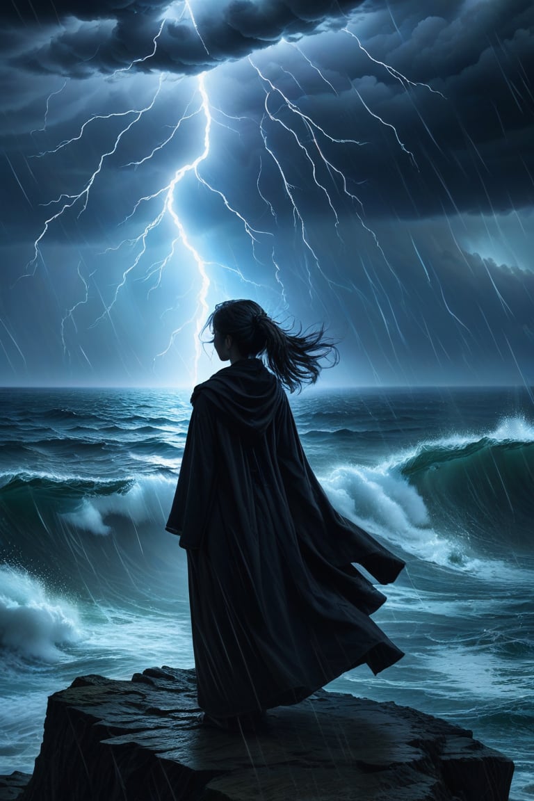 A mysterious girl with a black cloak, her upper body turned slightly, gazing over a windswept cliff, as stormy seas churn below, and lightning strikes the horizon