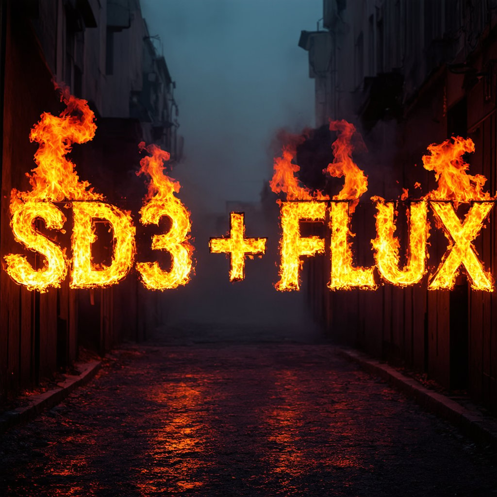 A cinematic photograph of the words ' SD3 + FLUX' ablaze with fiery flames, set against a mysterious, fog-shrouded urban alleyway at dusk, with smoke and embers swirling around the fiery typography, bathed in a warm, golden lighting, evoking a sense of intense passion and fiery energy, featuring vibrant shades of crimson, orange, and gold, with wisps of ash and smoke curling around the edges, creating a hauntingly beautiful and thought-provoking visual narrative.