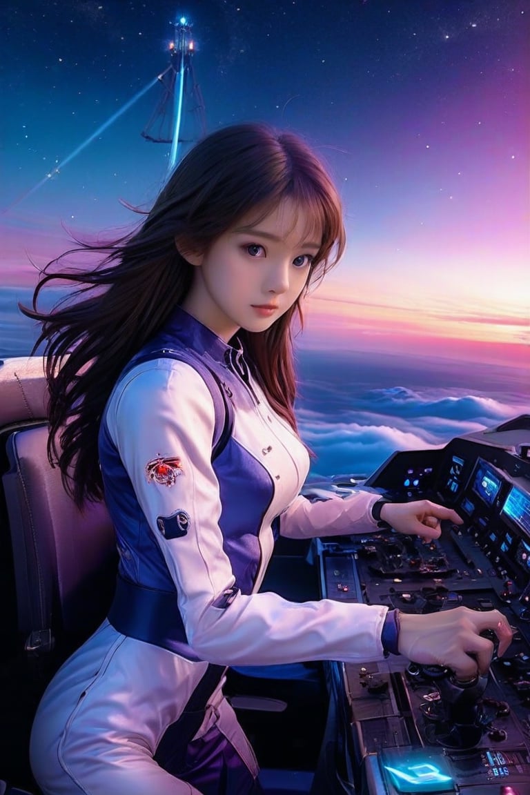 Against a breathtaking twilight canvas, a radiant super-powered girl grasps the controls of her luminous light ship, her focused expression radiating determination. The ship's sleek design glows with an otherworldly sheen, trails of particles illuminating its path as it soars through the star-studded sky. A deep blue-purple gradient serves as a stunning backdrop, emphasizing the vastness of the celestial expanse and the girl's mastery over her vessel.