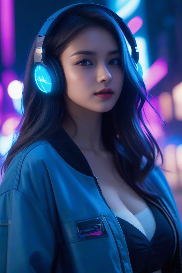 masterpiece, best quality, photorealistic, 1girl, solo, medium-length wavy hair, neon blue hair, looking at viewer, upper body, Dark Cityscape Background, minimal background, neon purple lighting, sharp shadows, cool expression, detailed skin, soft features, urban setup, classic portrait style, high clarity, simple background, cinematic lighting, wearing a glowing streetwear jacket and futuristic headphones, stylish and urban
