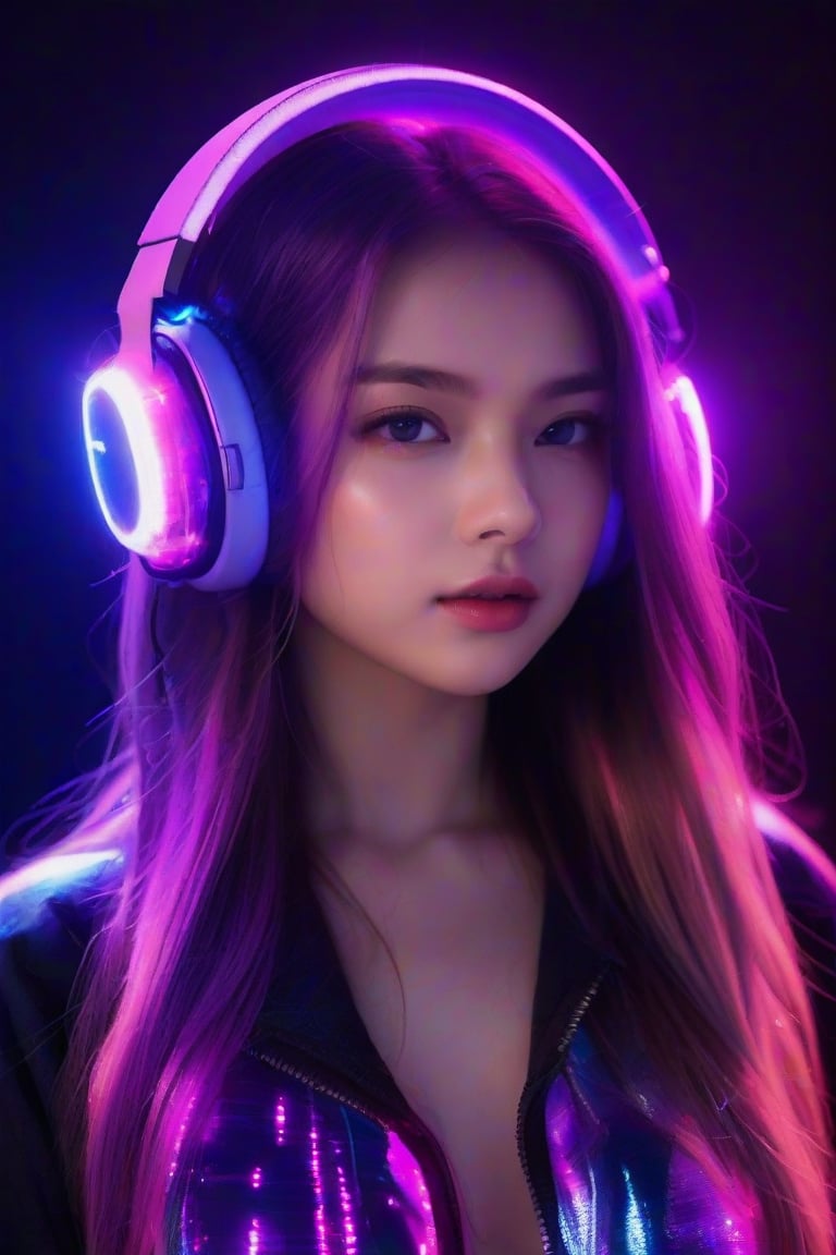 masterpiece, best quality, photorealistic, 1girl, solo, long flowing hair, neon purple hair, looking at viewer, upper body, Black Background, minimal background, neon lighting, smooth shadows, confident expression, detailed skin, soft features, modern setup, classic portrait style, high clarity, simple background, cinematic lighting, wearing large glowing headphones and a high-tech DJ outfit with LED patterns, futuristic and vibrant