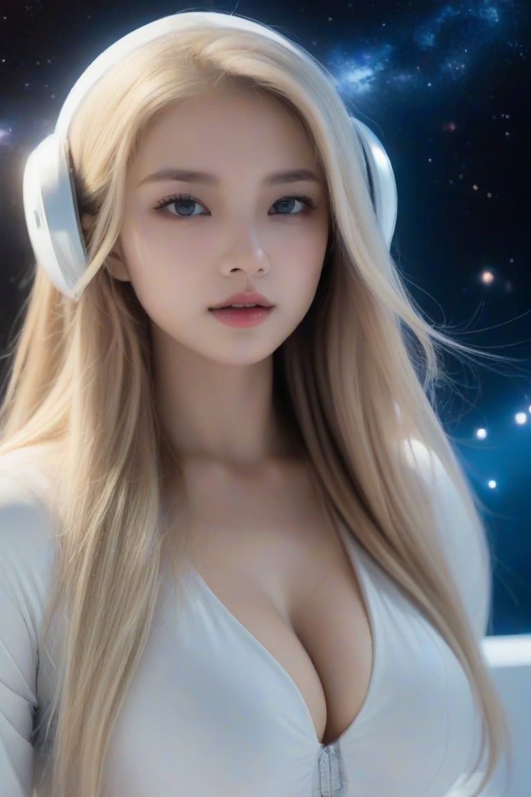 masterpiece, best quality, photorealistic, 1girl, solo, long hair, platinum blonde hair, looking at viewer, upper body, Deep Space Background, minimal background, soft cosmic lighting, gentle shadows, calm expression, detailed skin, soft features, space setup, classic portrait style, high clarity, simple background, cinematic lighting, relaxed pose, wearing a sleek white spacesuit with transparent helmet, futuristic and serene