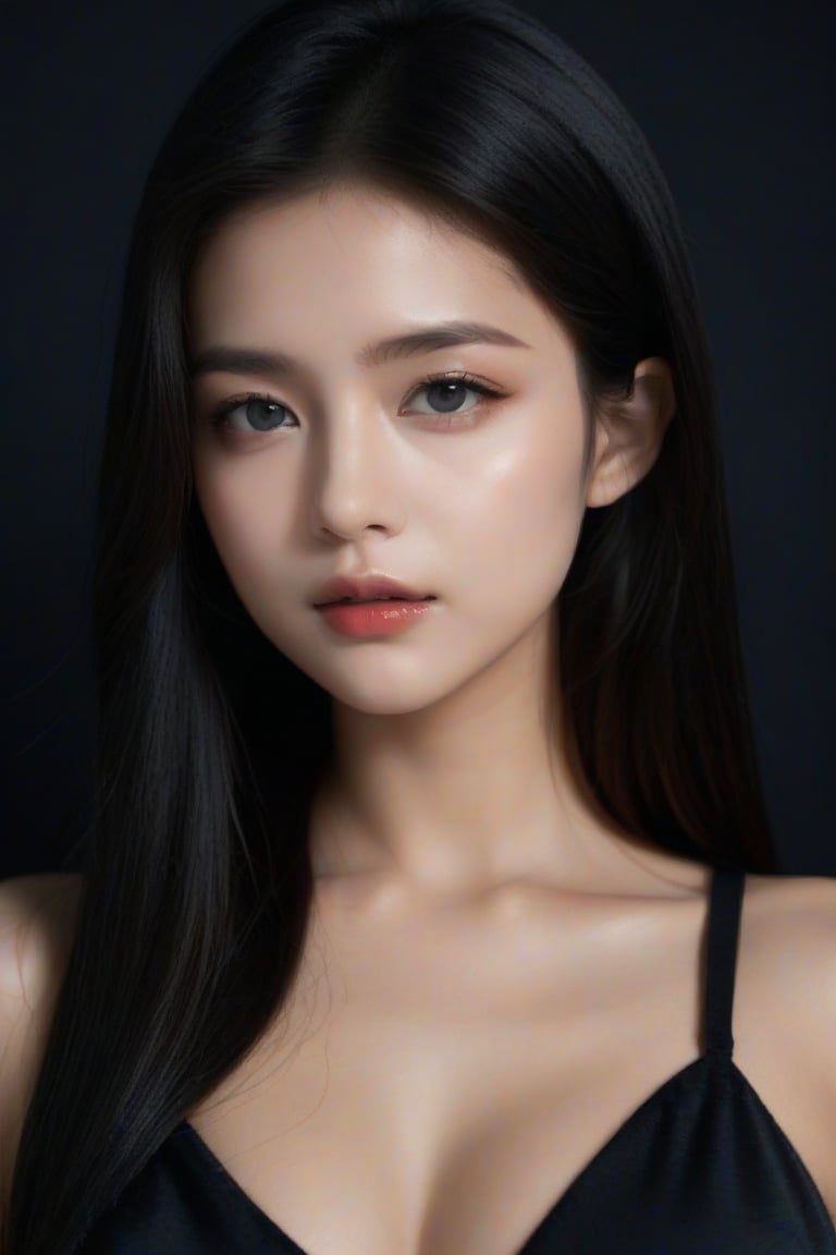 masterpiece, best quality, photo-realistic, 1girl, solo, long straight hair, looking at viewer, deep black hair, upper body, Black Background, soft shadows, calm expression, detailed skin texture, minimalistic background, realistic lighting, sharp focus, elegant pose, simple setting, high-resolution details, soft glow, natural look