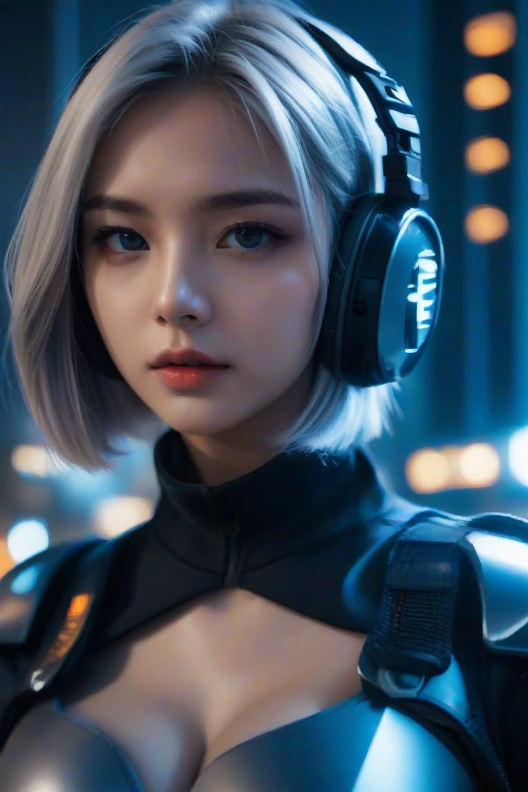 masterpiece, best quality, photorealistic, 1girl, solo, short bob cut, metallic silver hair, looking at viewer, upper body, Dark Urban Background, minimal background, soft blue lighting, sharp shadows, intense expression, detailed skin, smooth features, modern setup, classic portrait style, high clarity, simple background, cinematic lighting, wearing sleek tactical armor with integrated headphones and visor, futuristic and powerful