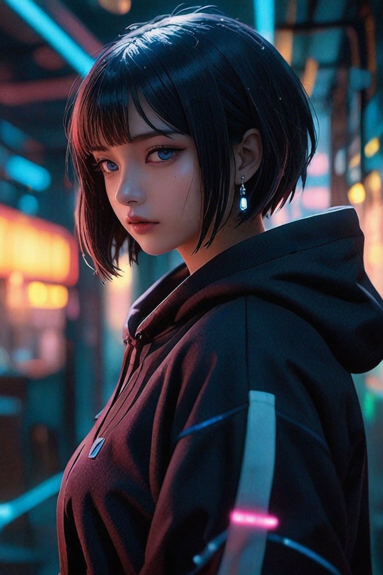 (masterpiece, best quality:1.3), FuturEvoLabAnime, 1girl, solo, looking at viewer, short hair, bangs, blue eyes, black hair, jewelry, jacket, upper body, earrings, outdoors, parted lips, hood, blurry, from side, black jacket, looking to the side, hoodie, night, depth of field, blurry background, bob cut, hood down, neon lights, 