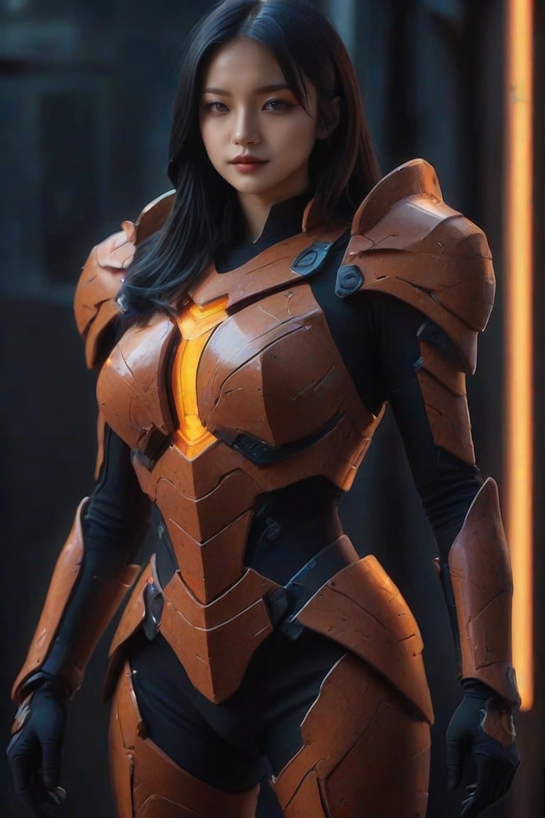 masterpiece, best quality, realistic, 1girl, solo, looking at viewer, black hair, standing, cowboy shot, armor, black background, FuturEvoLabMecha, FuturEvoLabCyberpunk, FuturEvoLabCity, FuturEvoLabAnime, 