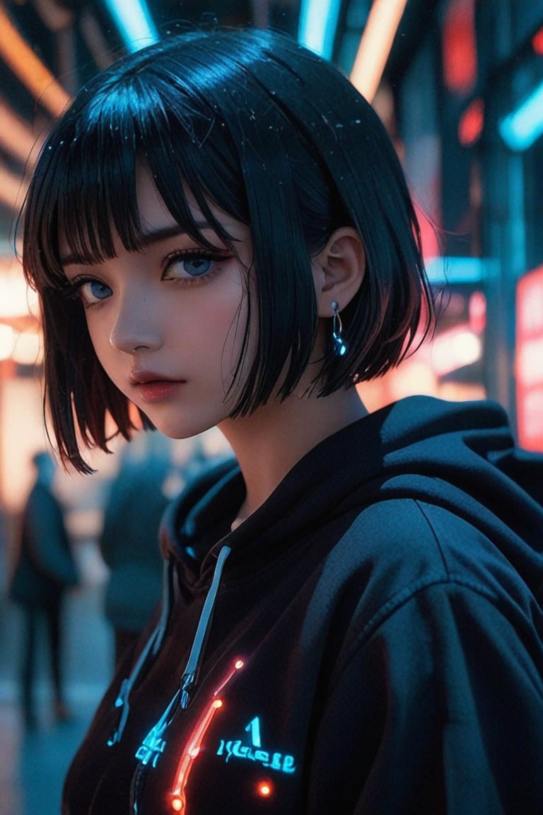 (masterpiece, best quality:1.3), FuturEvoLabAnime, 1girl, solo, looking at viewer, short hair, bangs, blue eyes, black hair, jewelry, jacket, upper body, earrings, outdoors, parted lips, hood, blurry, from side, black jacket, looking to the side, hoodie, night, depth of field, blurry background, bob cut, hood down, neon lights, 