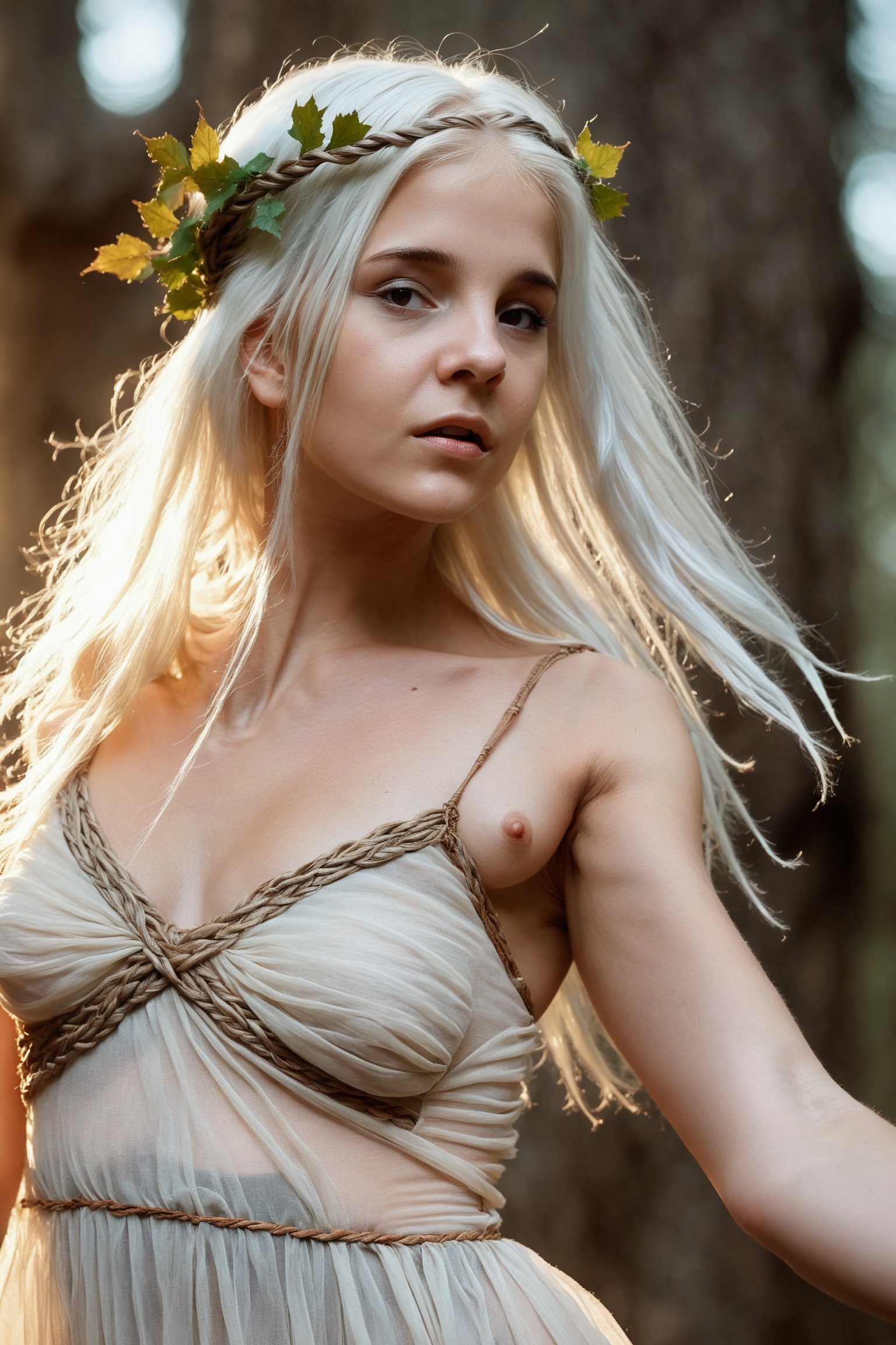 Woman, very long white hair, multiple braids, elf, (By Alice Pasquini, by Aliza Razell:0.8), low angle shot, Cinematic Hollywood Film style, a young woman, 18 yo, (sensual dance pose:1.3), (chiaroscuro),Velvia 200 color,shot on Ilford HP5 Plus,bokeh,sharp focus on subject,shot by David Lachapelle, natural light early at midday, (gossamer fabric dress:1.3), , Wearing a circlet of twigs and leaves, dynamic pose