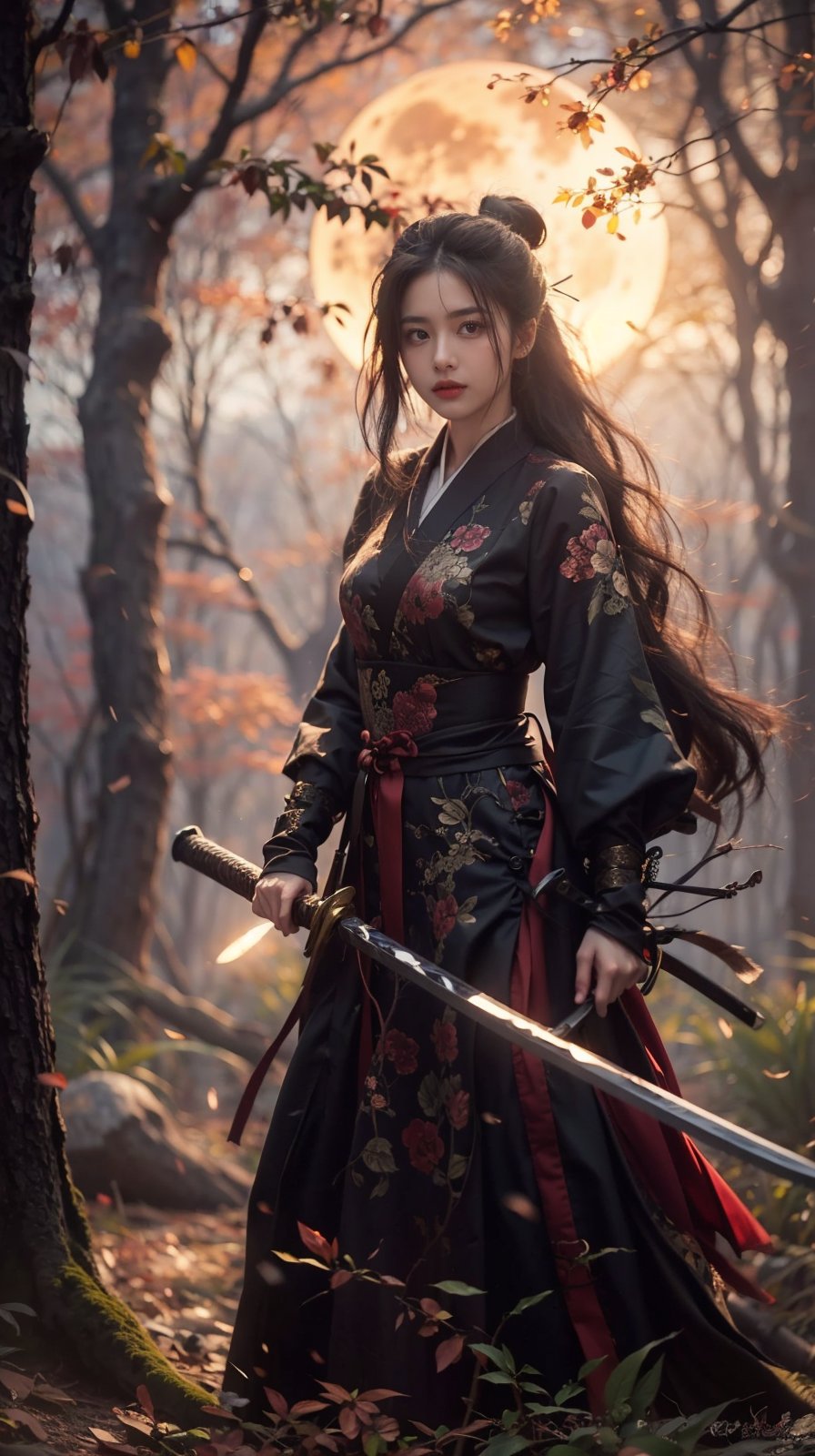 1girl, solo, long hair, looking at viewer, black hair, long sleeves, holding, closed mouth, standing, weapon, outdoors, sword, hair bun, holding weapon, tree, sash, night, holding sword, chinese clothes, moon, single hair bun, full moon