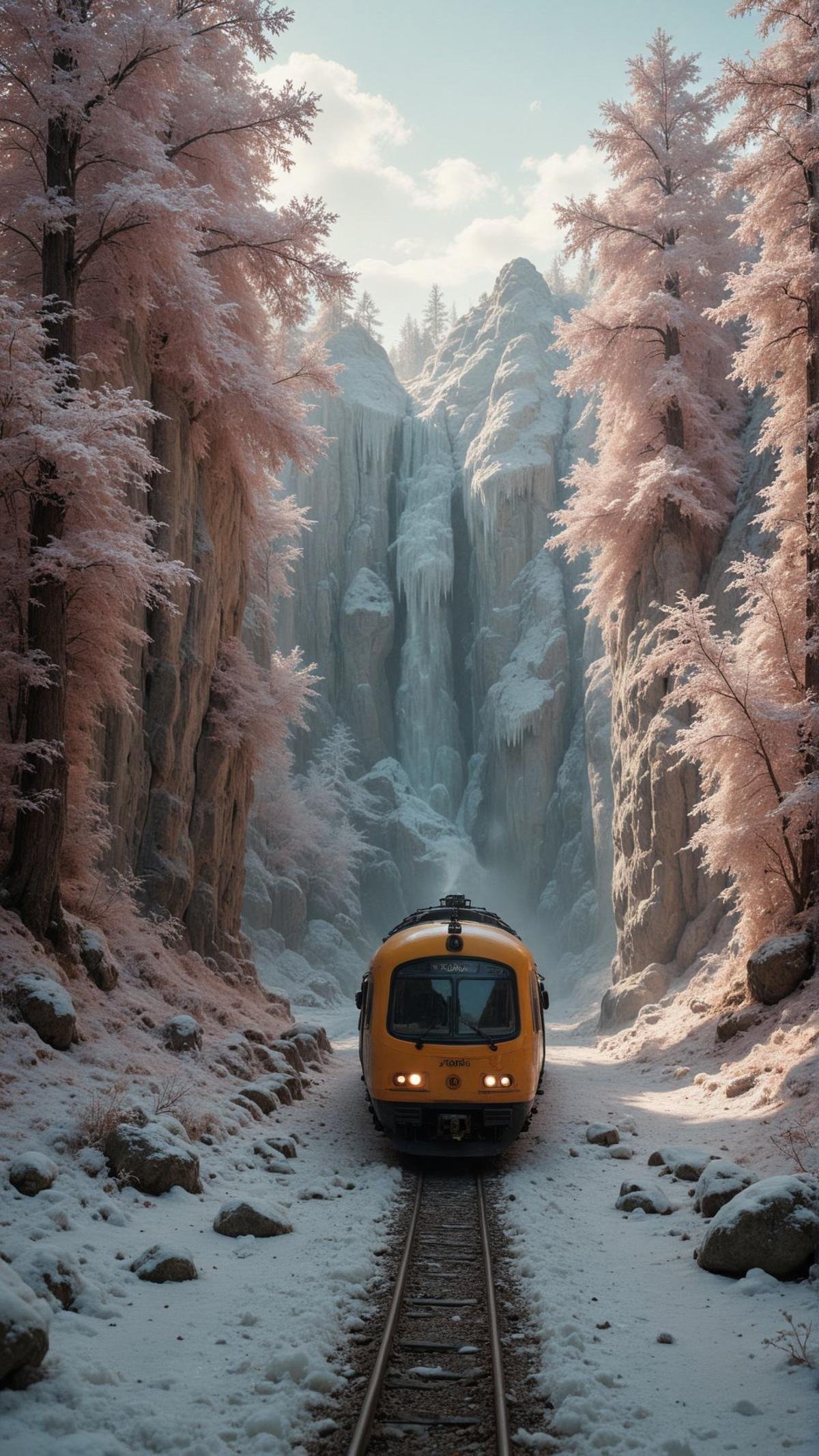 octane render, landscape of a Polar Ice and Sparse Train, very 1700'S and Dynamic, natural lighting, 35mm, Infrared, <lora:aidmaflux-style-V0.1:0.7>, imposing, extremely rich detail, complimentary colors, background inspired, highly detailed, highly decorated, perfect symmetry, atmosphere, intricate