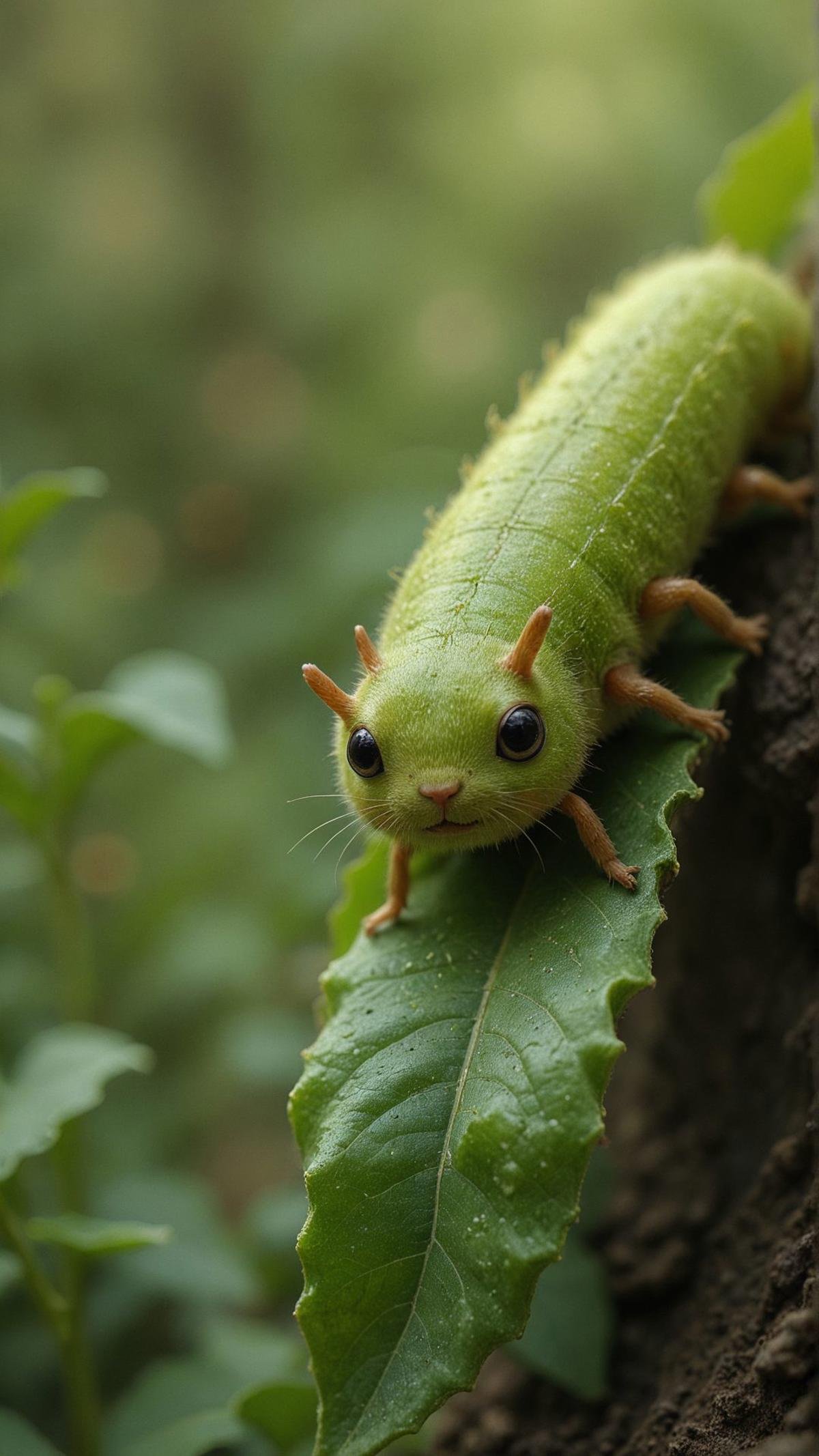 Close-up of a caterpillar on a leaf, vibrant green, intricate textures, macro photography, natural light, high resolution, clear focus  <lora:aidmaflux-style-V0.1:0.7>  