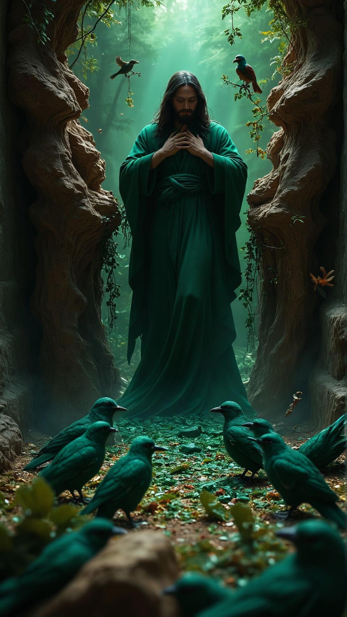 In the midst of an ancient, sinister scene, a group of souls mourn and lose their bodies in the soft embrace of Christ. The image depicts a serene landscape with emerald green leaves and chirping birds. <lora:aidmaFluxStyleXL-v0.2:0.75> flux-style,  AND, deep rich colors, cinematic, dynamic composition, contemporary fine detail