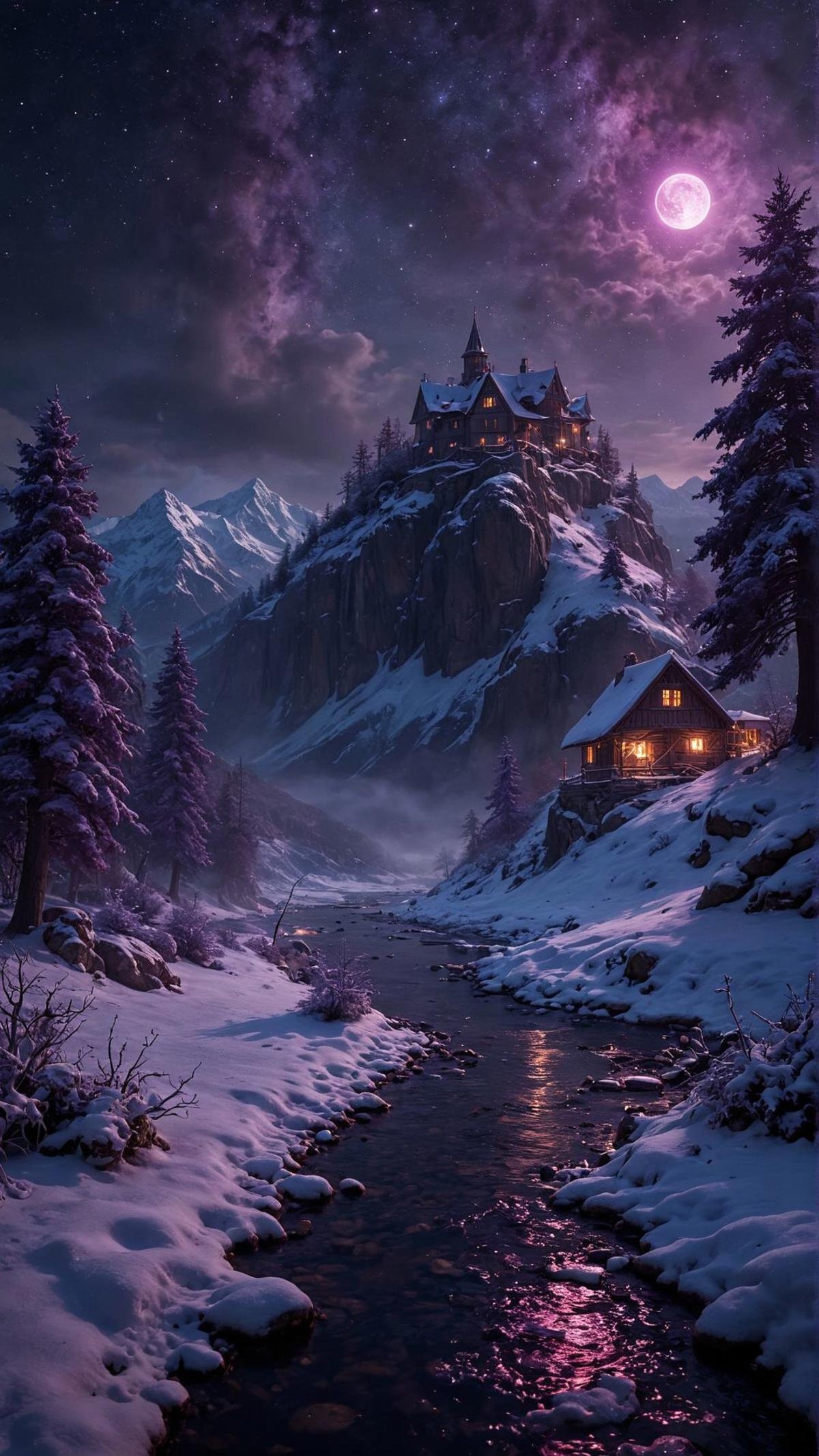 An idyllic beautiful winter landscape at night, 4k photorealistic, HDR, dark purple theme, ethereal dramatic lighting, surreal cinematic, nighttime, (darkness:1.1), high details, low angle, Rossdraws, Marc Simonetti, photorealistic digital painting, chiaroscuro image , <lora:aidmaFluxStyleXL-v0.2:0.7>  <lora:aidma-Image Upgrader-v0.1:0.35> 