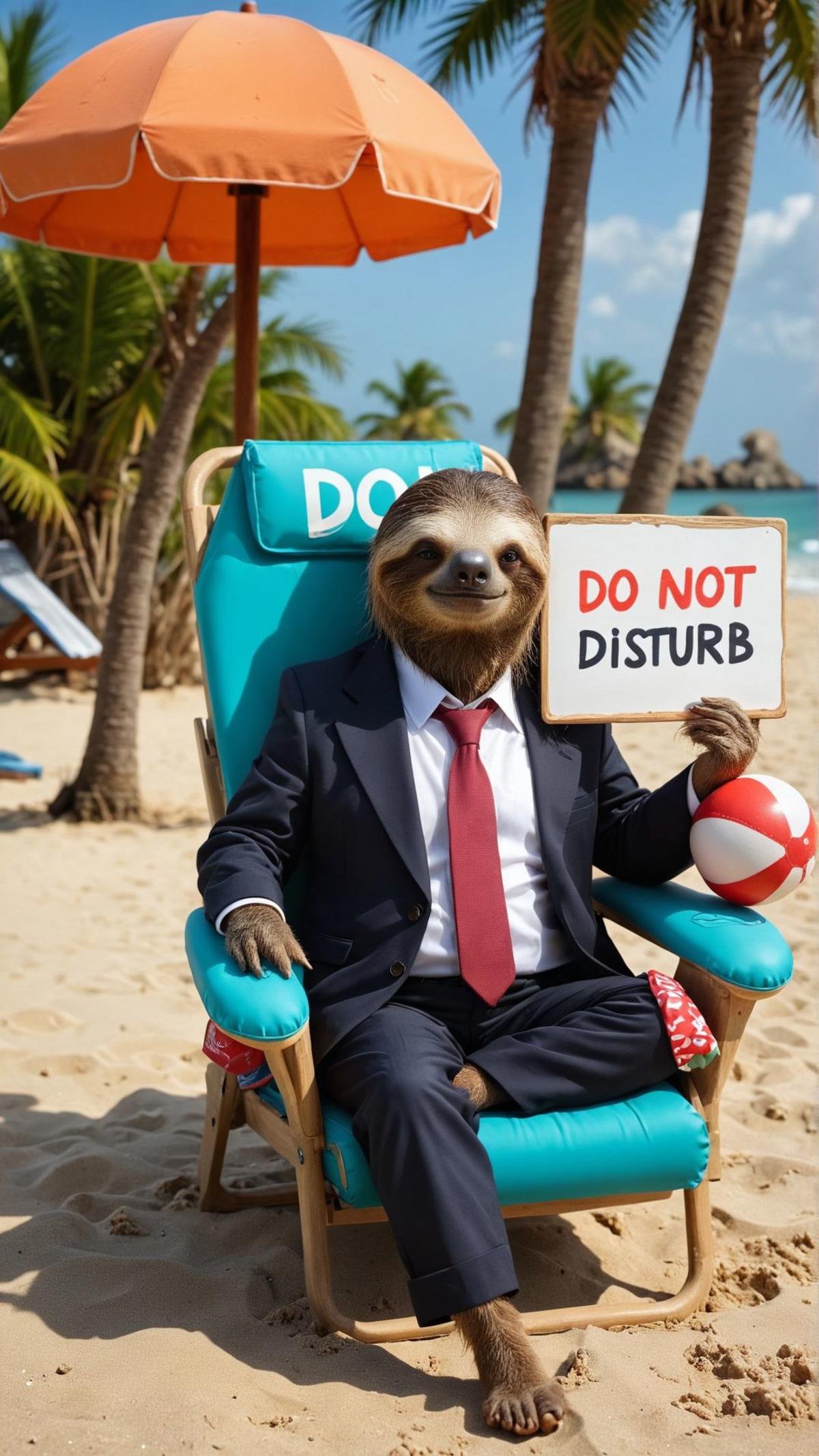 sloth in a business suit lounging on a beach chair, holding a sign on top with text:"Do Not Disturb", surrounded by inflatable palm trees and miniature beach balls., <lora:aidmaFluxStyleXL-v0.2:0.7>  <lora:aidma-Image Upgrader-v0.1:0.35> 