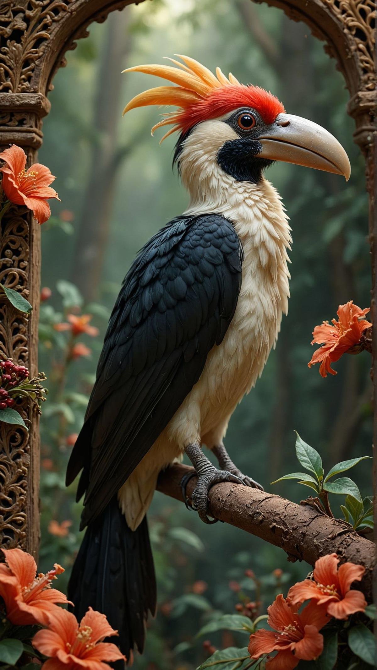 ethereal Hornbill, 8k, buceros :: intricate details, ornate, flowery, bright colors background, peaceful, detailed illustration, octane render :: Johanna Rupprecht style, William Morris style :: trending on artstation , <lora:aidmaFluxStyleXL-v0.2:0.7>  <lora:aidma-Image Upgrader-v0.1:0.35> 