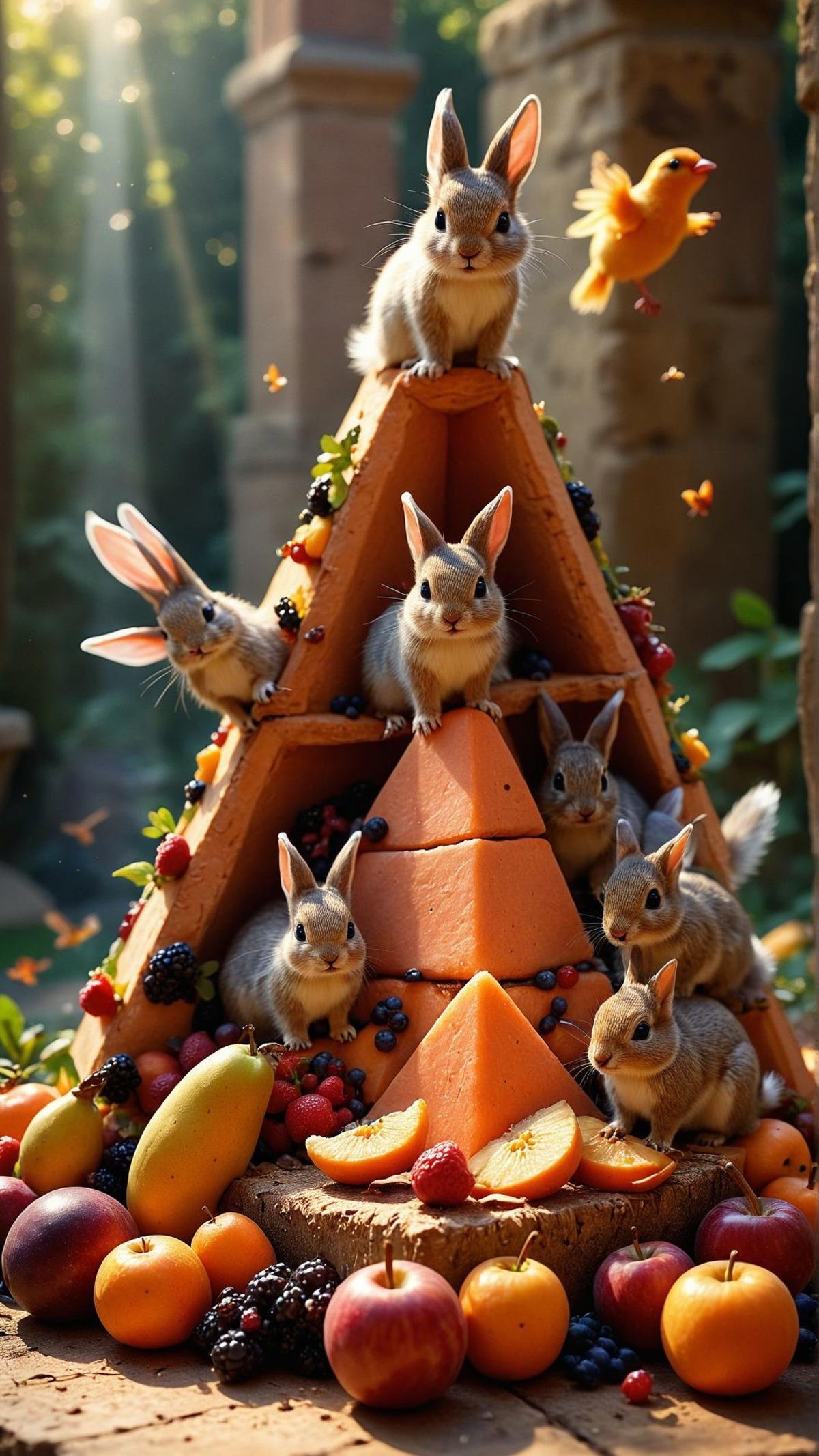 a group of animals, including rabbits and squirrels, gather around a pyramid made entirely of fruit. The sun is shining brightly, casting a warm glow on the scene. A small bird perches on top of the pyramid, <lora:aidmaFluxStyleXL-v0.2:0.75> flux-style,  AND, inspired, illustrious quality, beautiful, fine artistic composition, highly complex, magical