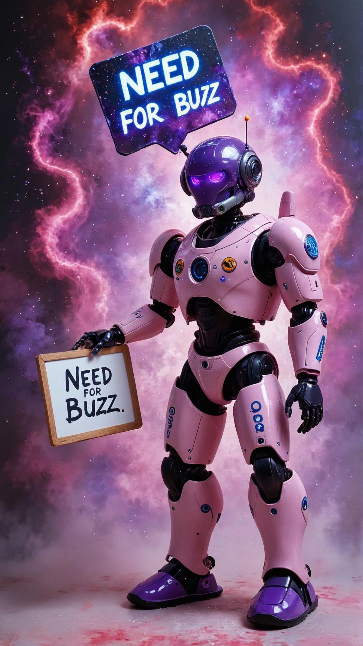 An abstract painting of a cosmic nebula, with swirling clouds of gas and dust glowing in brilliant hues of purple, pink, and blue. super cute robot with a sign that show the text:"Need Buzz for flux" <lora:aidmaFluxStyleXL-v0.2:0.85> flux-style, text, english text,  <lora:text2:1> text:"Need Buzz for flux"