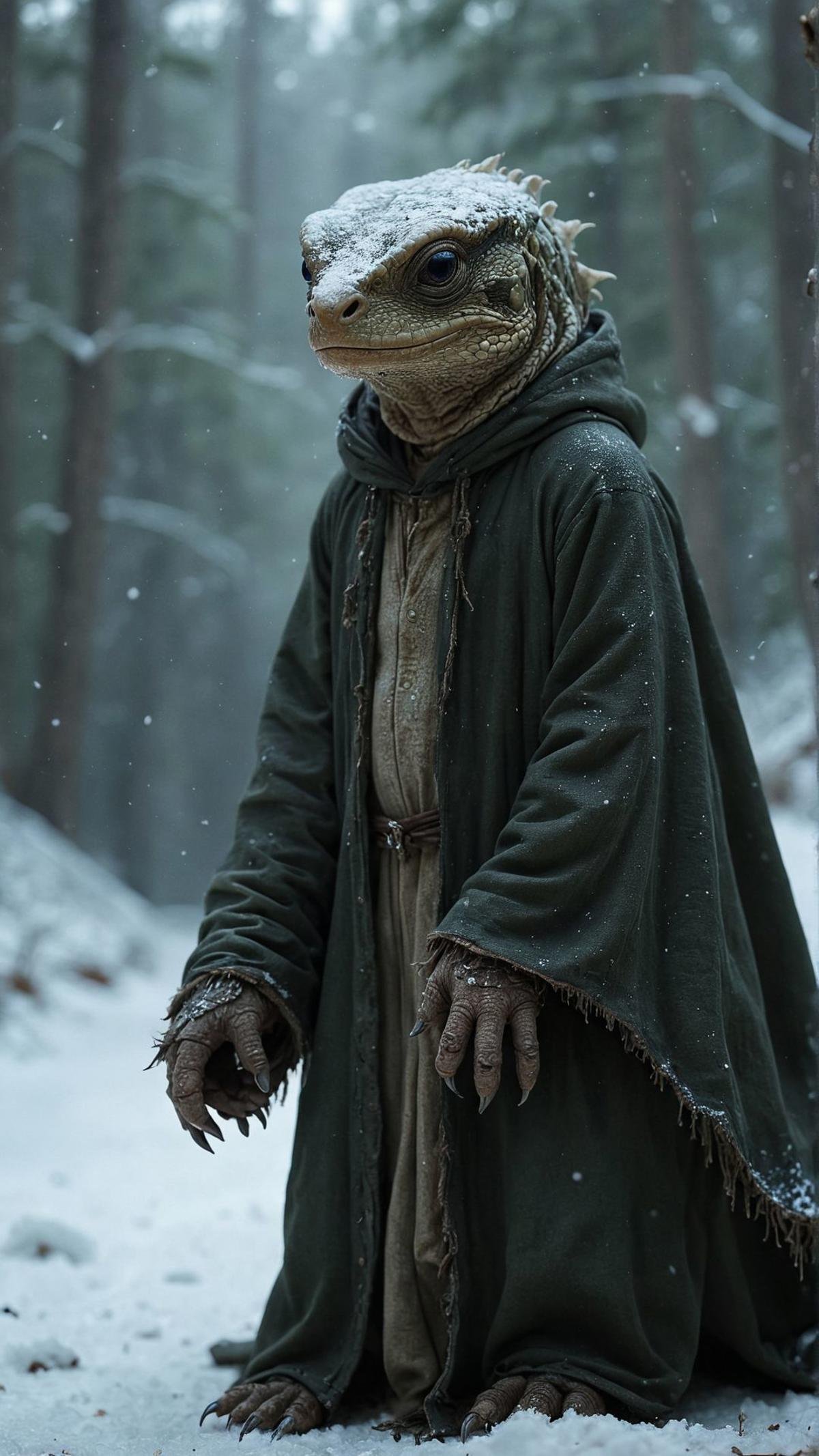 A visually striking image of a hybrid reptile and human, anthropomorphic in a snowy background, seamlessly blending scales and skin with piercing eyes that reflect the soul of both worlds. This creature stands majestically, draped in a cloak made of woven frost, its breath visible in the cold air, surrounded by a pristine, untouched snowscape that sparkles under the moonlight. The scene is imbued with a sense of mystery and awe, captured through the lens of a Nikon D850 at a low angle to emphasize the imposing stature of the hybrid against the vast, silent winter night. The composition focuses on the fusion of natural and fantastical elements, suggesting an untold story of survival and adaptation, with a setting that feels both alien and familiar , <lora:aidmaFluxStyleXL-v0.2:0.7>  <lora:aidma-Image Upgrader-v0.1:0.35> 