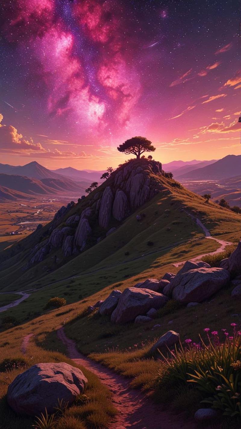 landscape of a (Celestial Plains of the Starry Fields:1.3) , Stone, hillside, Anime screencap, Islandpunk, side lit, Depth of field 100mm, Magenta background, intricate,  <lora:Flux-style-xl-lora-000002:0.7>, flux-style, 