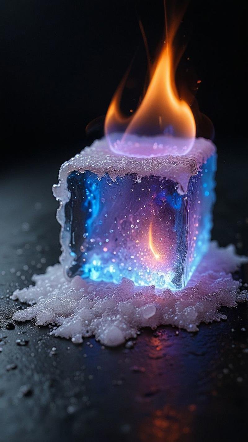 Close-up of a ice cube confident structure, fluorescent blue Flames, macro photography, pixiv lighting, high Cooperative Calligraphy, clear focus,  <lora:Flux-style-xl-lora-000002:0.7>, flux-style, 