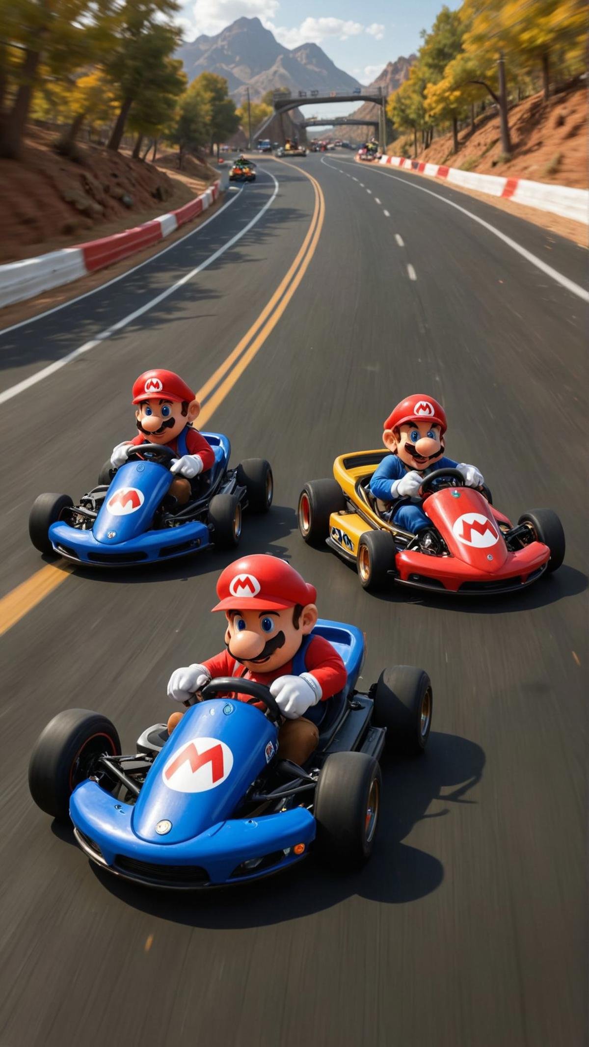 Racers compete in a high-speed showdown inspired by "Mario Kart." , <lora:aidmaFluxStyleXL-v0.2:0.7>  <lora:aidma-Image Upgrader-v0.1:0.35> 