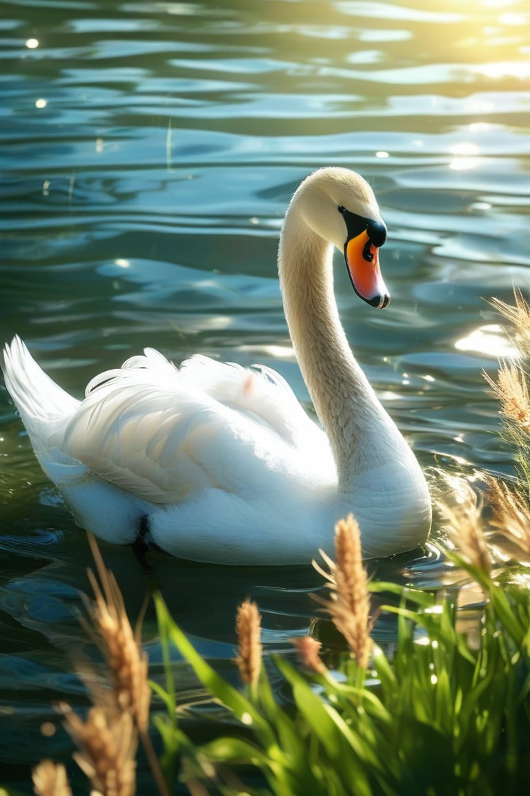 closeup, swan swimming in the lake And there are weeds, High quality, 8k hd, best quality, detailed feather texture, realistic water, hyper realistic, complicated, 8k ultra hd, high resolution, high definition, excellent quality, stunning image, cinematic lightning, volumetric lighting,detail quality Enhancer