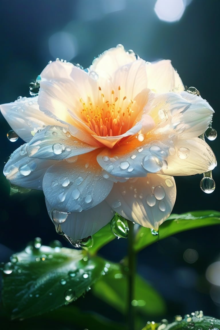 bloom flower with dew in the morning, High quality, 8k hd, best quality, detailed petal, detailed waterdrop, hyper realistic, complicated, 8k ultra hd, high resolution, high definition, excellent quality, stunning image, cinematic lightning, volumetric lighting,detail quality Enhancer