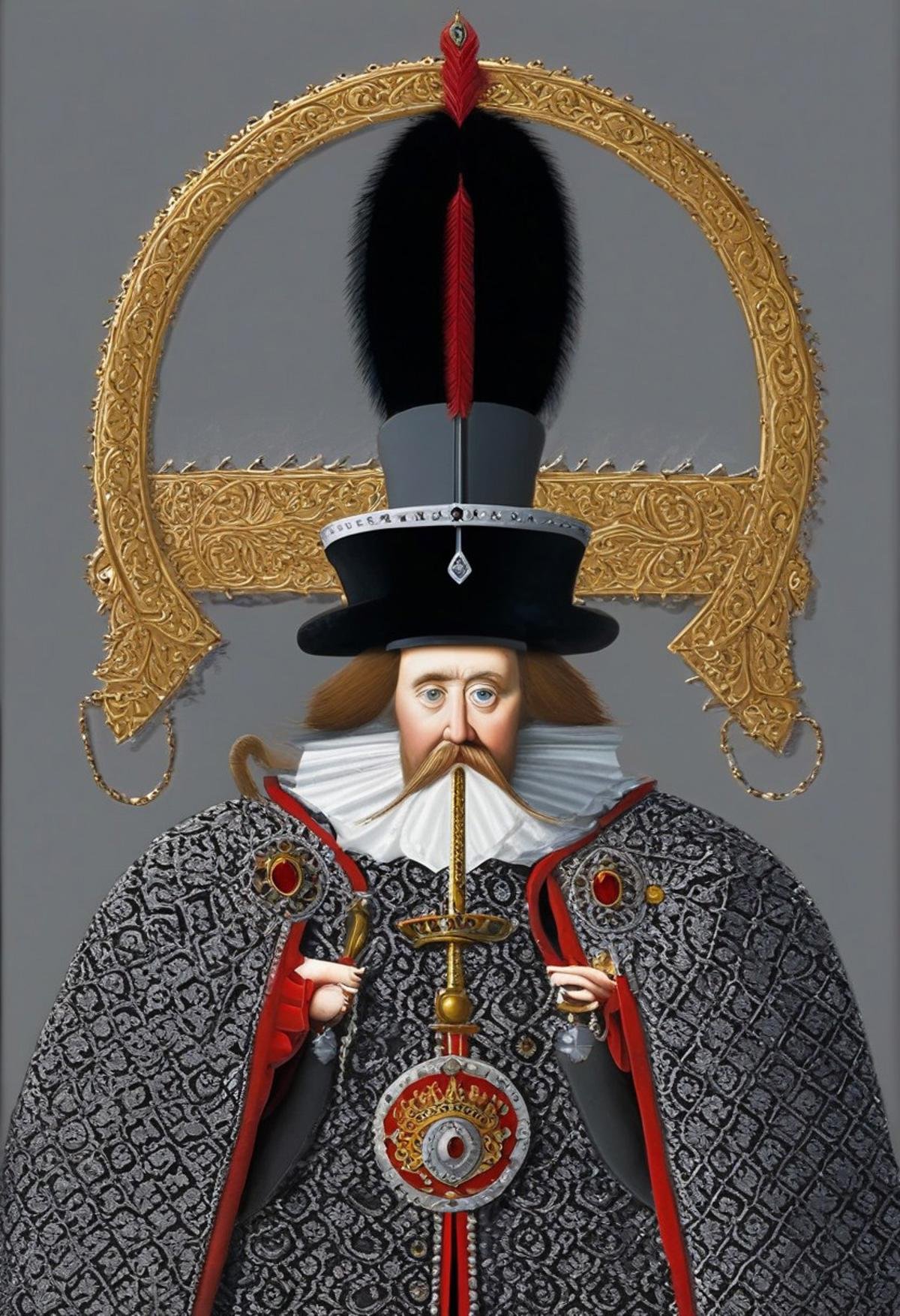 mwilks, a detailed close-up painting of a russian emperor, adorned in a crown and scepter wearing an attire that is a combination of a gray robe, a red sash, and a black hat. There is a silver scepter, adorned with a red gem, held in his right hand. the emperor's has a bushy beard and mustache adding character to his appearance. a white collar encircles his neck, adding a touch of elegance to his ensemble. the background of the painting is a stark black