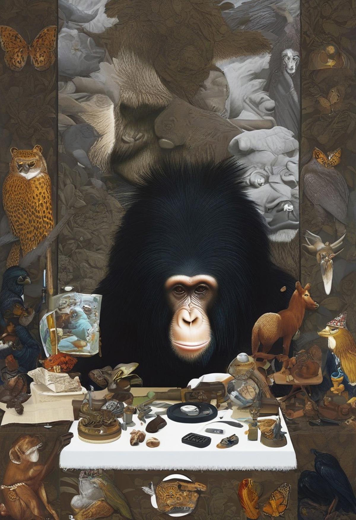 mwilks,a detailed close-up captures a vibrant collage of human and animal faces, bodies, and objects. dominating the foreground is a chimpanzee, his black fur contrasting with the white of his head. he's adorned with a white robe, his arms draped over a brown teddy bear. his feet are adorned with a variety of tattoos, adding a touch of realism to the scene. adjacent to the chimpanzee, a human figure is depicted, their hands resting on a white table. the table is adorned with a variety of objects, including a magnifying glass, a magnifying lens, and a magnifying glass. the human figure's face is shrouded in a white mask, adding a touch of mystery to the scene. to the right of the chimpanzee, a human figure is depicted, their hands resting on a white table. their face is shrouded in a white mask, adding a touch of realism to the scene.