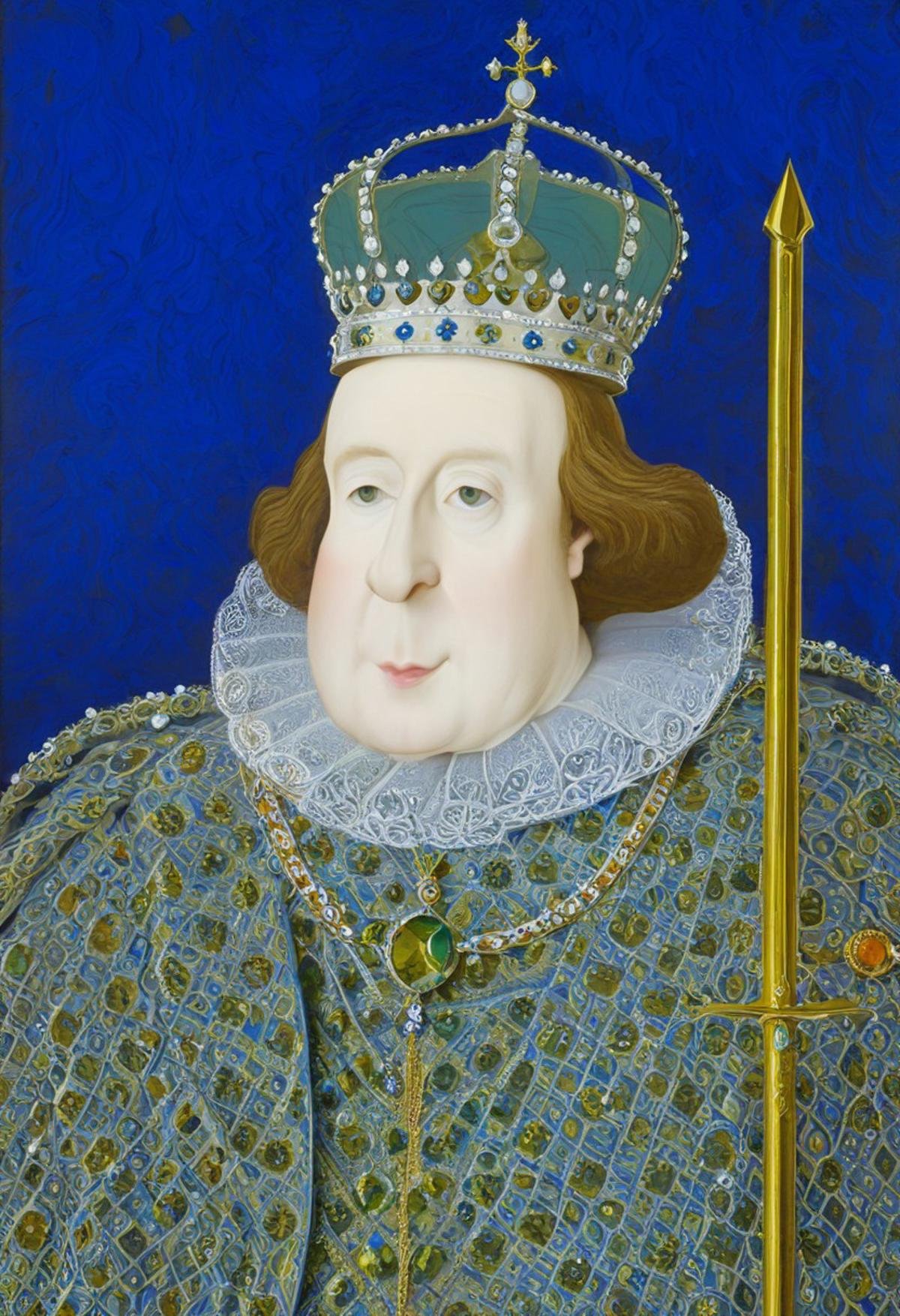 mwilks, a detailed close-up painting of a king Charles III, adorned in a crown and scepter wearing a royal attire. the background of the painting is a royal blue