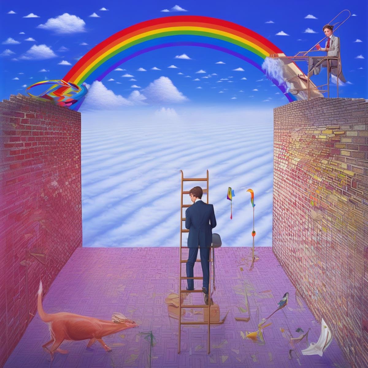 mwilks, meat, motor vehicle, surreal, 2boys, polearm, necktie, rainbow, cloud, ladder, walls, feet, male focus