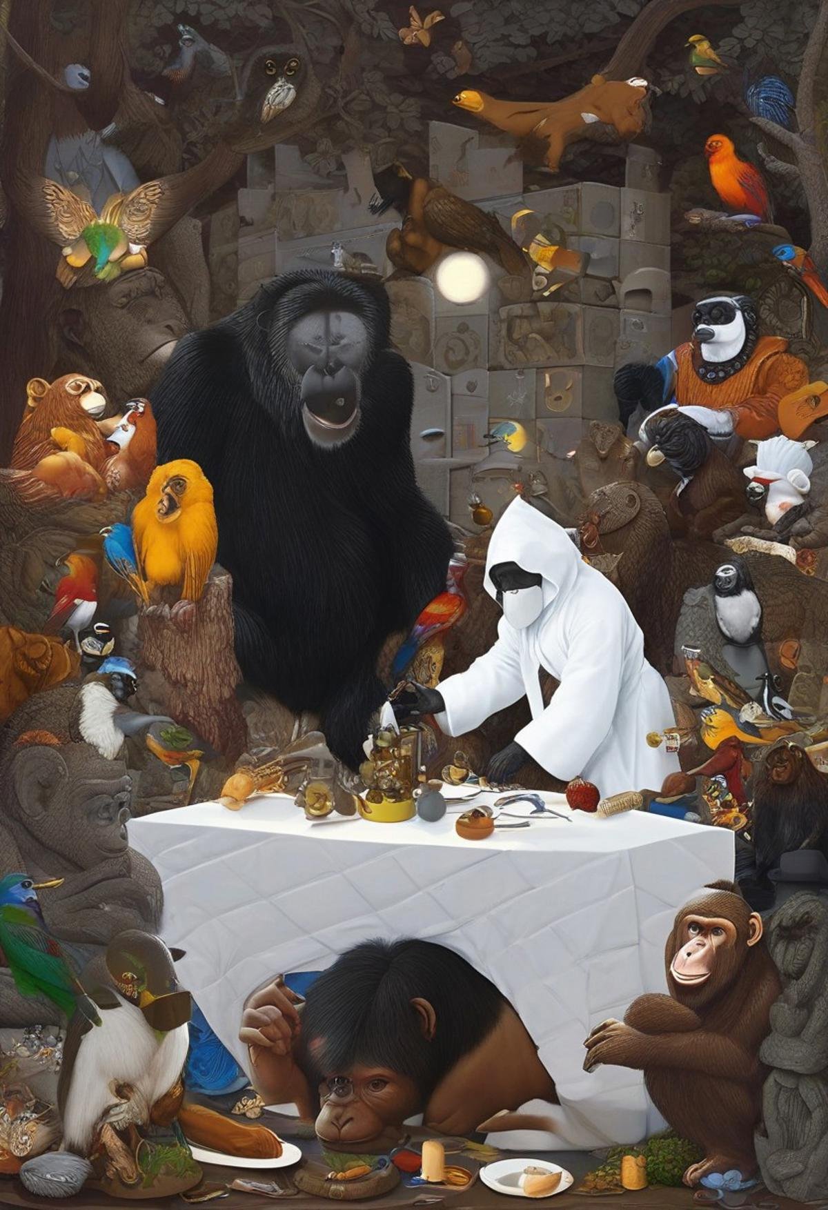 mwilks,a detailed close-up captures a vibrant collage of human and animal faces, bodies, and objects. dominating the foreground is a chimpanzee, his black fur contrasting with the white of his head. he's adorned with a white robe, his arms draped over a brown teddy bear. his feet are adorned with a variety of tattoos, adding a touch of realism to the scene. adjacent to the chimpanzee, a human figure is depicted, their hands resting on a white table. the table is adorned with a variety of objects, including a magnifying glass, a magnifying lens, and a magnifying glass. the human figure's face is shrouded in a white mask, adding a touch of mystery to the scene. to the right of the chimpanzee, a human figure is depicted, their hands resting on a white table. their face is shrouded in a white mask, adding a touch of realism to the scene.