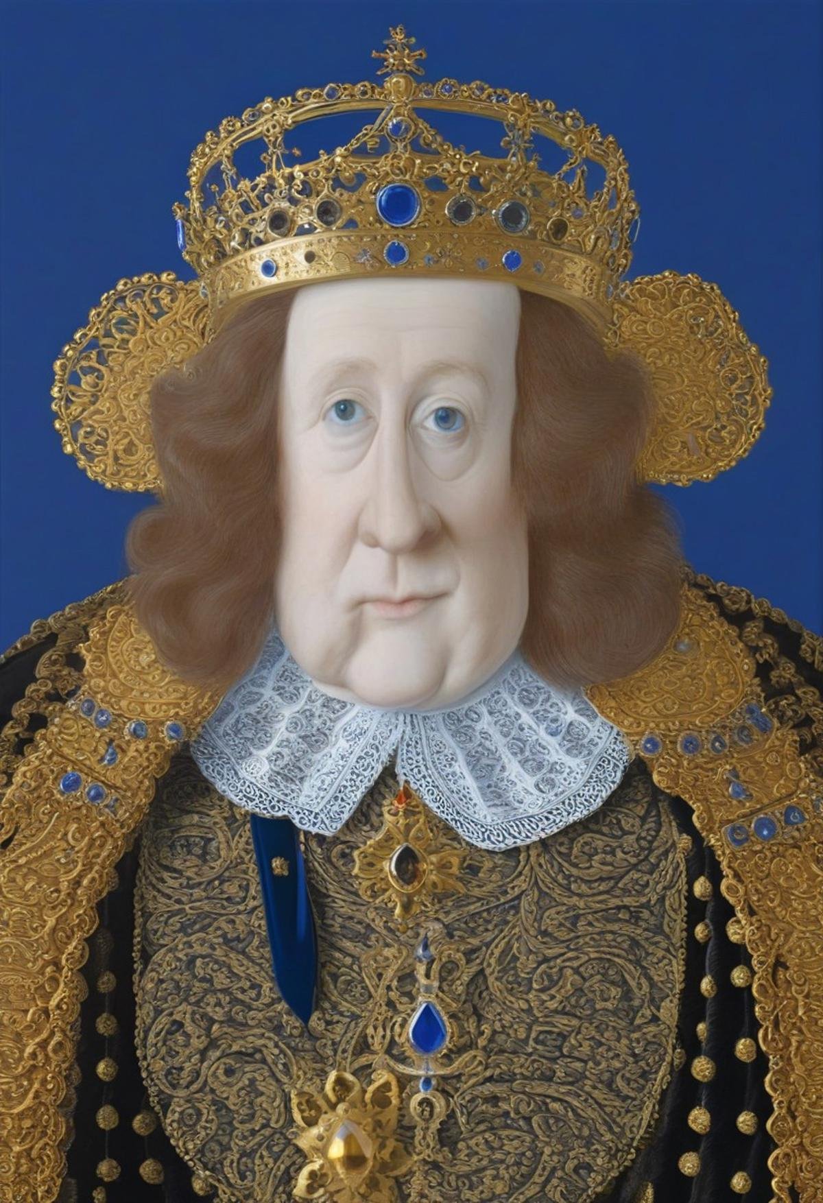 mwilks, a detailed close-up painting of a king Charles III, adorned in a crown and scepter wearing a royal attire. the background of the painting is a royal blue