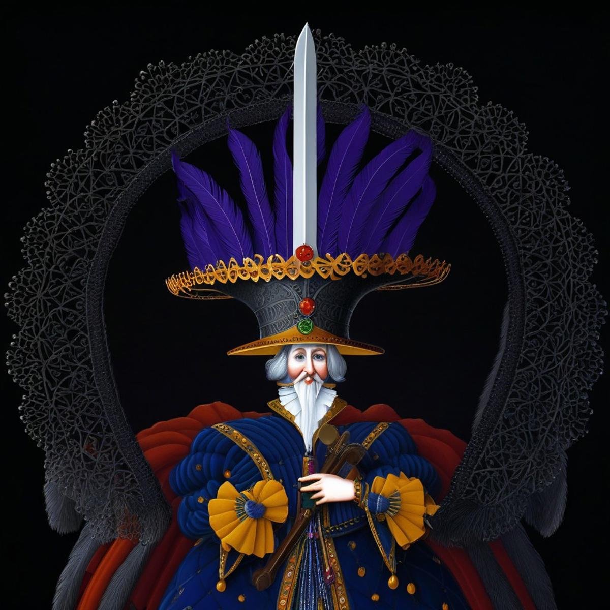 mwilks, a fantastical, comical character resembling a jester or court fool set against a solid black background, with a broad, expressive face and large, round eyes, dressed in an ornate, historical costume with a large, white, ruffled collar that extends outward like a halo, wearing a dark blue helmet with a feathered plume, which is adorned with a single, vibrant purple feather, holding two large, exaggerated swords, one is a long, thin, silver blade held in the left hand, and the other is a shorter, thicker, brown blade held in the right hand. The swords are intricately detailed, with the silver one featuring a slightly curved, pointed tip, and the brown one having a more rounded, blunt end.