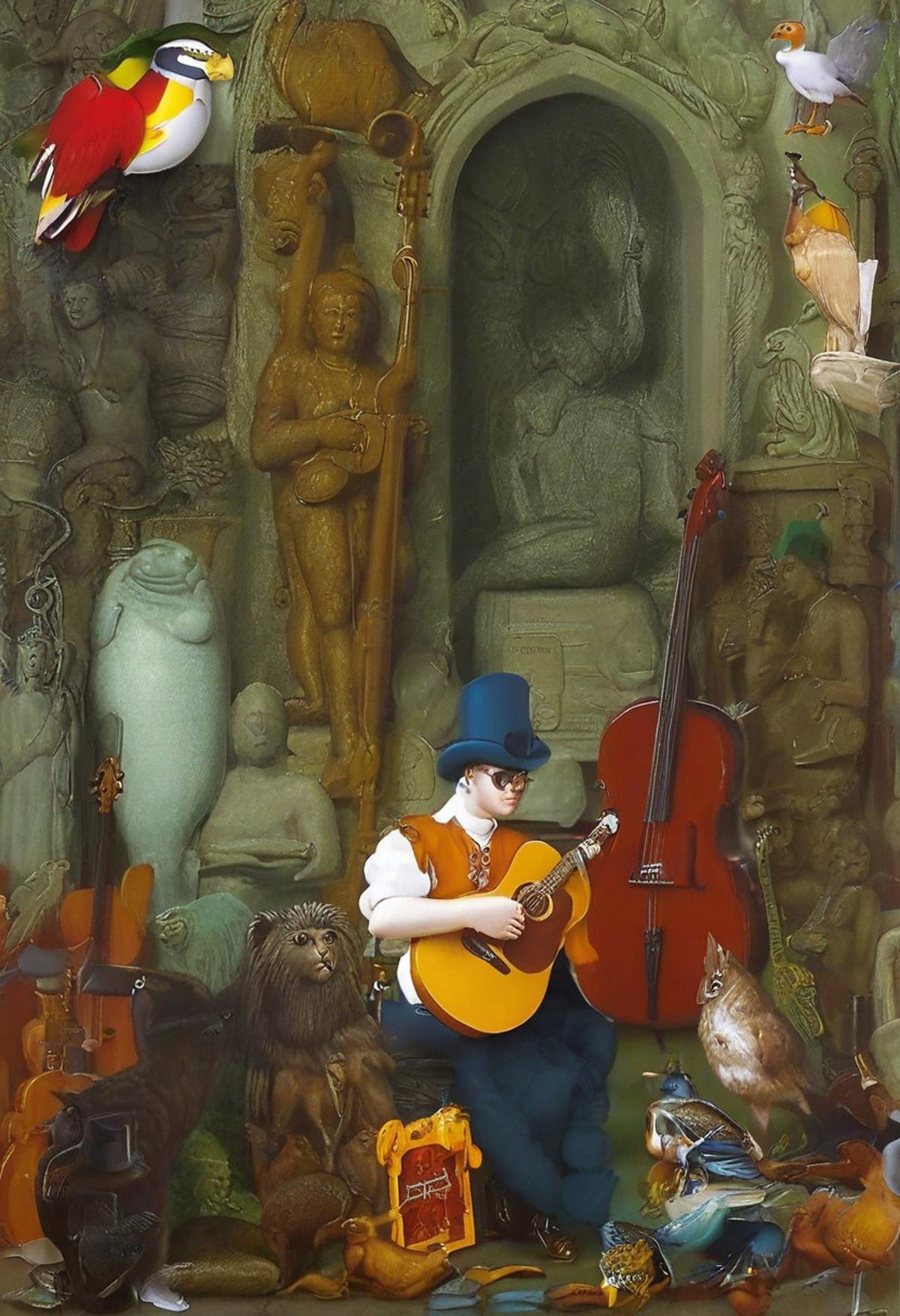 mwilks, instrument, statue, elephant, bird, guitar, hat, cat, monster