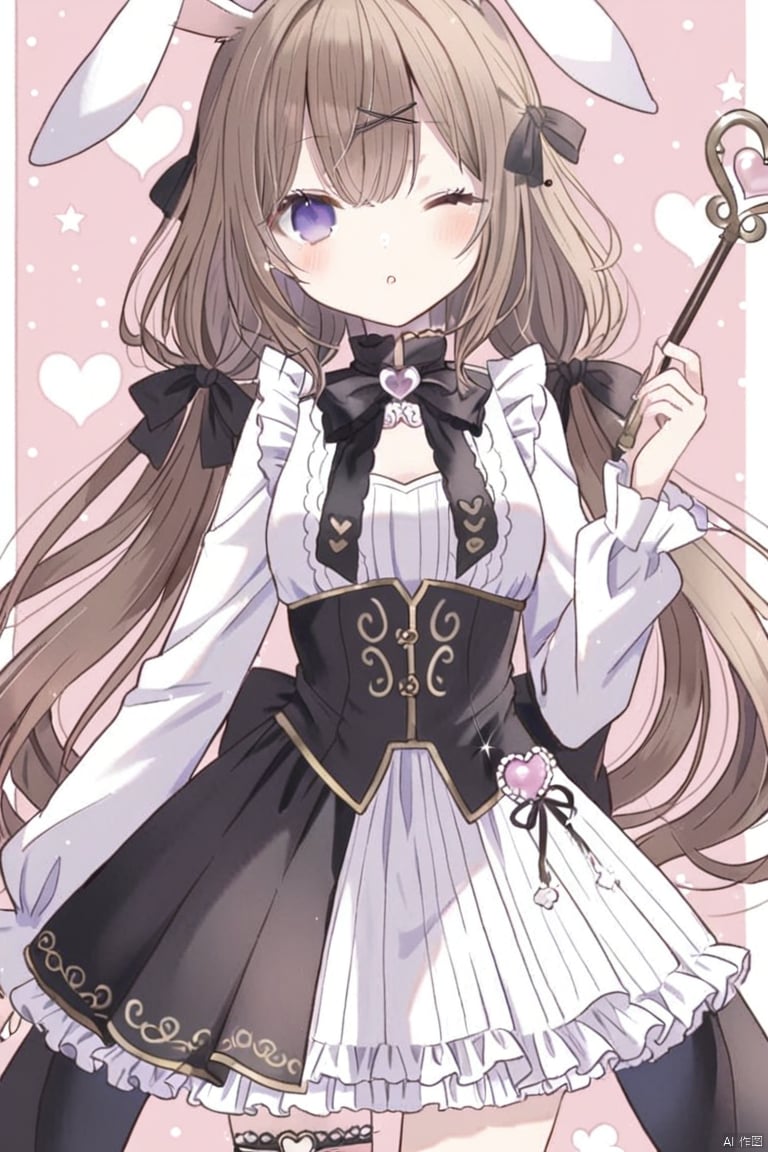 1girl, solo, long hair, looking at viewer, blush, bangs, brown hair, hair ornament, thighhighs, long sleeves, dress, bow, holding, animal ears, purple eyes, hair bow, heart, frills, one eye closed, rabbit ears, frilled dress, single thighhigh, wand, holding wand