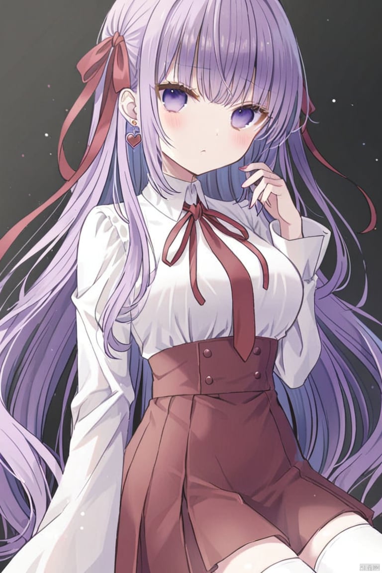 1girl, solo, long hair, breasts, looking at viewer, blush, bangs, skirt, large breasts, shirt, thighhighs, long sleeves, ribbon, jewelry, very long hair, closed mouth, purple eyes, hair ribbon, white shirt, purple hair, heart, thighs, earrings, necktie, belt, white thighhighs, red ribbon, zettai ryouiki, red skirt, high-waist skirt, heart earrings, bb \(fate\), bb \(fate/extra\)