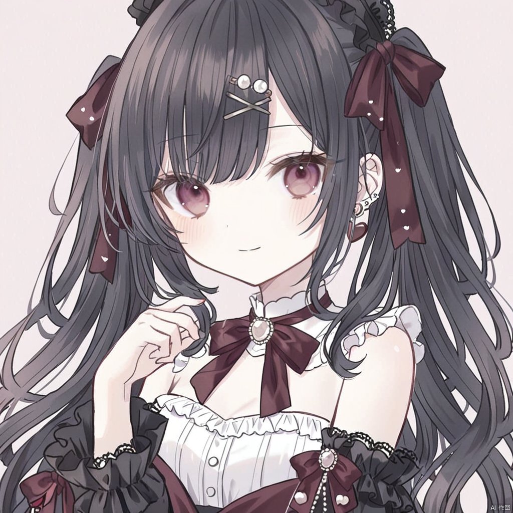 1girl, solo, long hair, looking at viewer, blush, smile, bangs, simple background, shirt, black hair, hair ornament, red eyes, bow, bare shoulders, jewelry, closed mouth, upper body, hair bow, heart, earrings, frills, hairclip, bowtie, off shoulder, red bow, detached collar, heart earrings