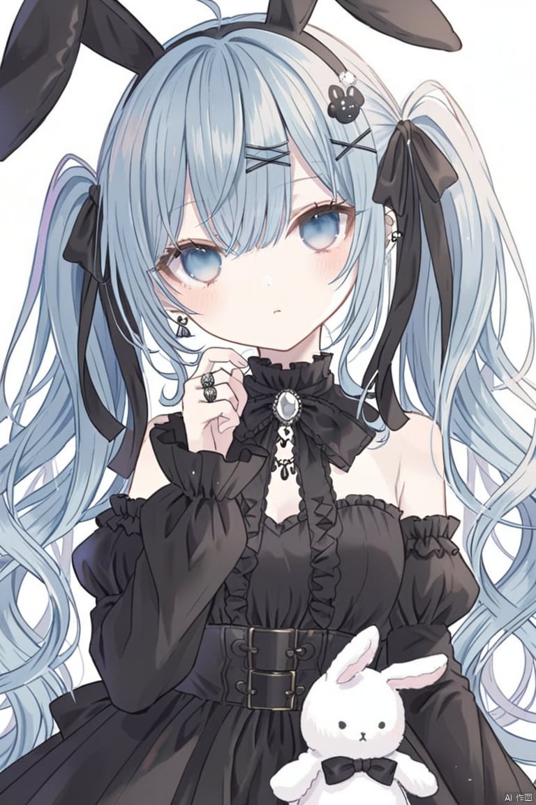 1girl, solo, long hair, looking at viewer, bangs, blue eyes, hair ornament, long sleeves, white background, dress, bow, ribbon, holding, animal ears, hair between eyes, bare shoulders, twintails, jewelry, very long hair, closed mouth, blue hair, hair ribbon, hairband, earrings, frills, detached sleeves, sleeveless, hairclip, puffy sleeves, hand up, rabbit ears, black dress, head tilt, grey eyes, black ribbon, black bow, fake animal ears, stuffed toy, ring, stuffed animal, x hair ornament, ear piercing, black sleeves, stuffed bunny