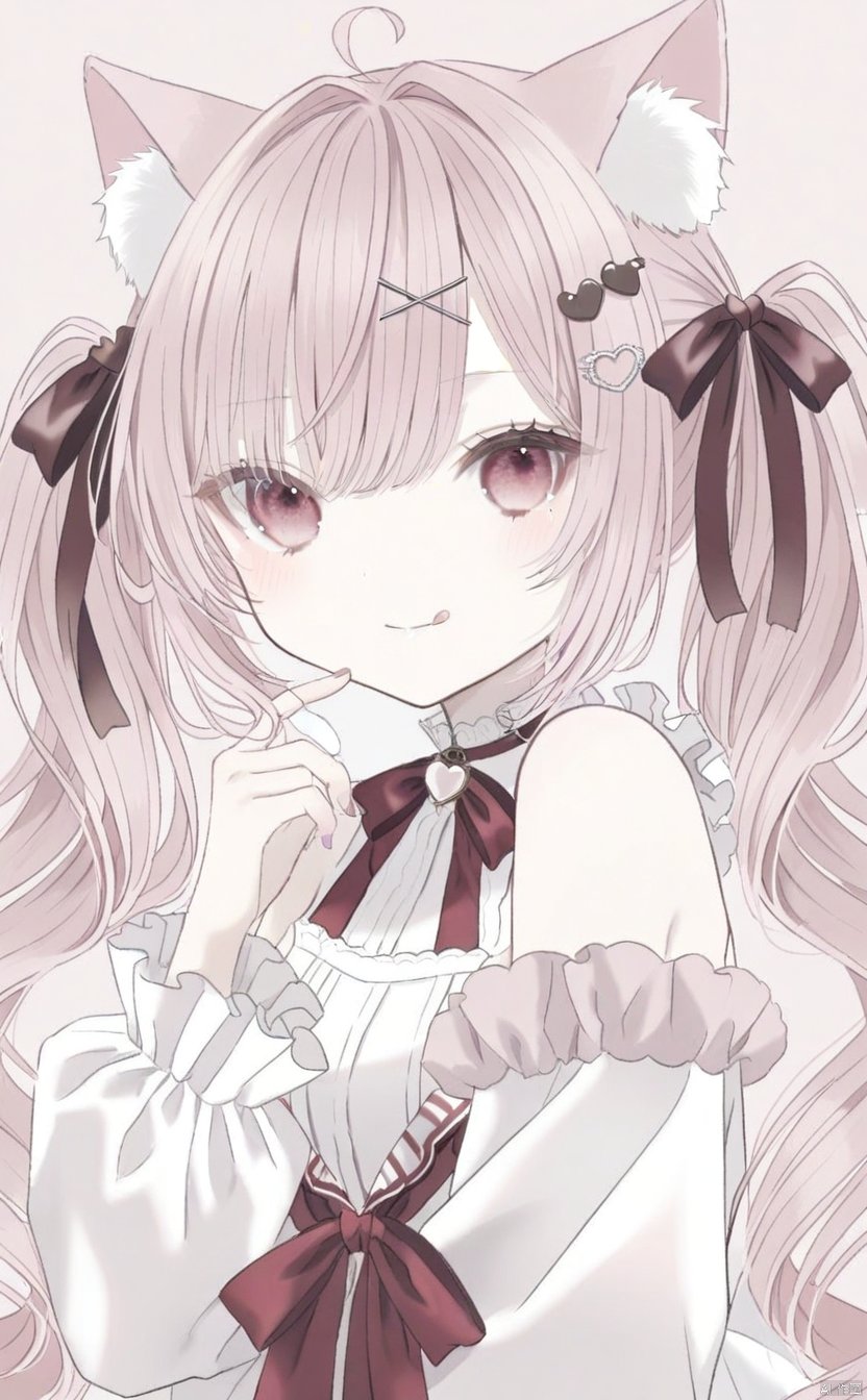 1girl, solo, long hair, looking at viewer, blush, smile, bangs, blonde hair, shirt, hair ornament, red eyes, long sleeves, bow, animal ears, hair between eyes, bare shoulders, closed mouth, white shirt, upper body, pink hair, hair bow, heart, multicolored hair, frills, detached sleeves, choker, tongue, hairclip, puffy sleeves, virtual youtuber, cat ears, tongue out, sailor collar, red bow, animal ear fluff, one side up, hair intakes, x hair ornament, cat girl, puffy long sleeves, white sleeves, :q, heart hair ornament,red sailor collar, frilled sailor collar