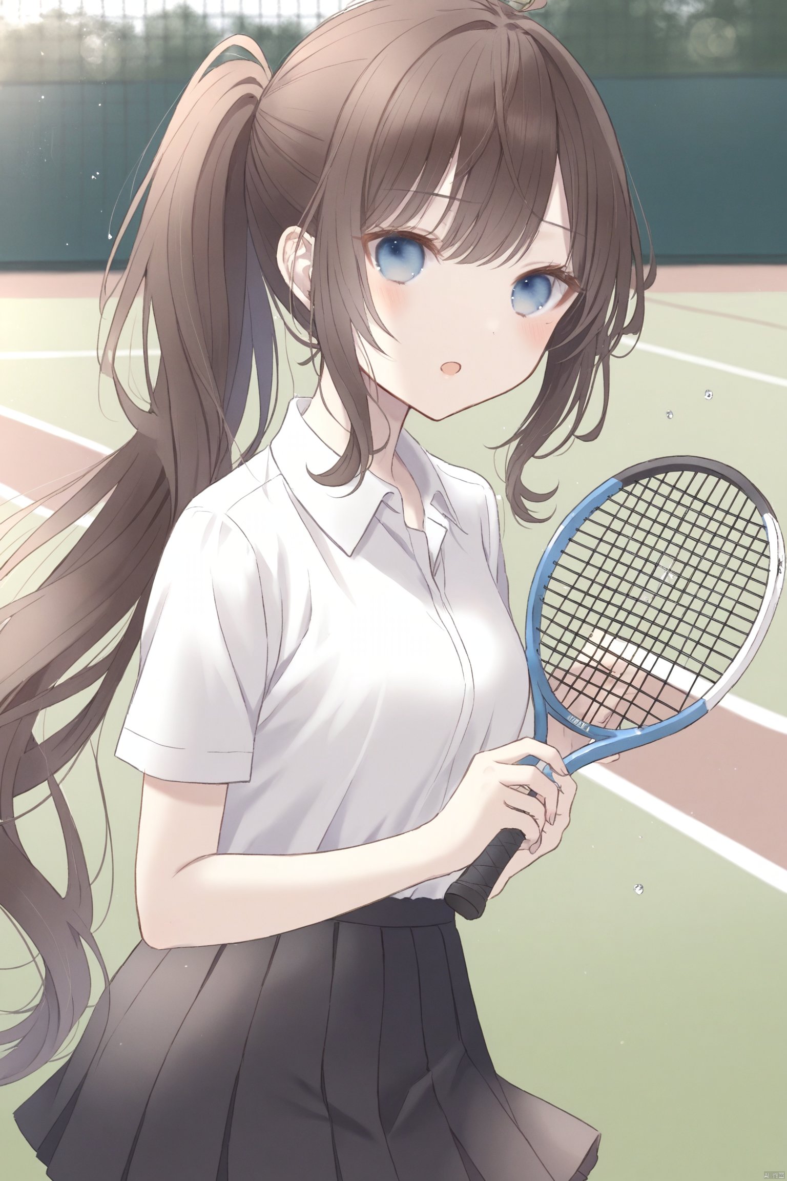 1girl, solo, long hair, blush, open mouth, bangs, blue eyes, skirt, brown hair, shirt, holding, very long hair, white shirt, ponytail, short sleeves, sidelocks, pleated skirt, outdoors, collared shirt, black skirt, tennis uniform, racket, tennis racket