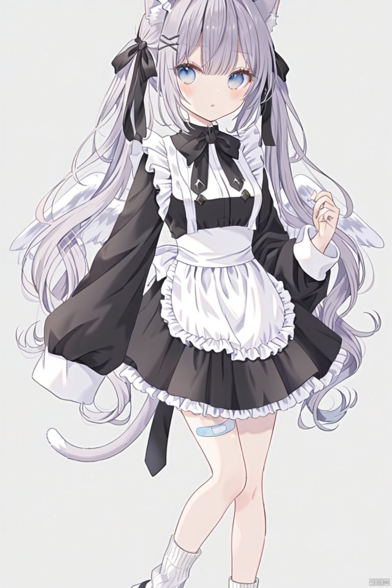 1girl, solo, long hair, looking at viewer, blush, bangs, blue eyes, simple background, hair ornament, long sleeves, white background, bow, animal ears, hair between eyes, twintails, very long hair, closed mouth, standing, jacket, tail, full body, hair bow, grey hair, multicolored hair, frills, parted lips, wings, shoes, socks, hairclip, puffy sleeves, cat ears, hand up, apron, cat tail, animal ear fluff, sleeves past wrists, maid, maid headdress, white footwear, standing on one leg, white bow, cat girl, white socks, waist apron, white apron, bandaid, sleeves past fingers, frilled apron, white wings, loose socks, bandaid on leg, mini wings