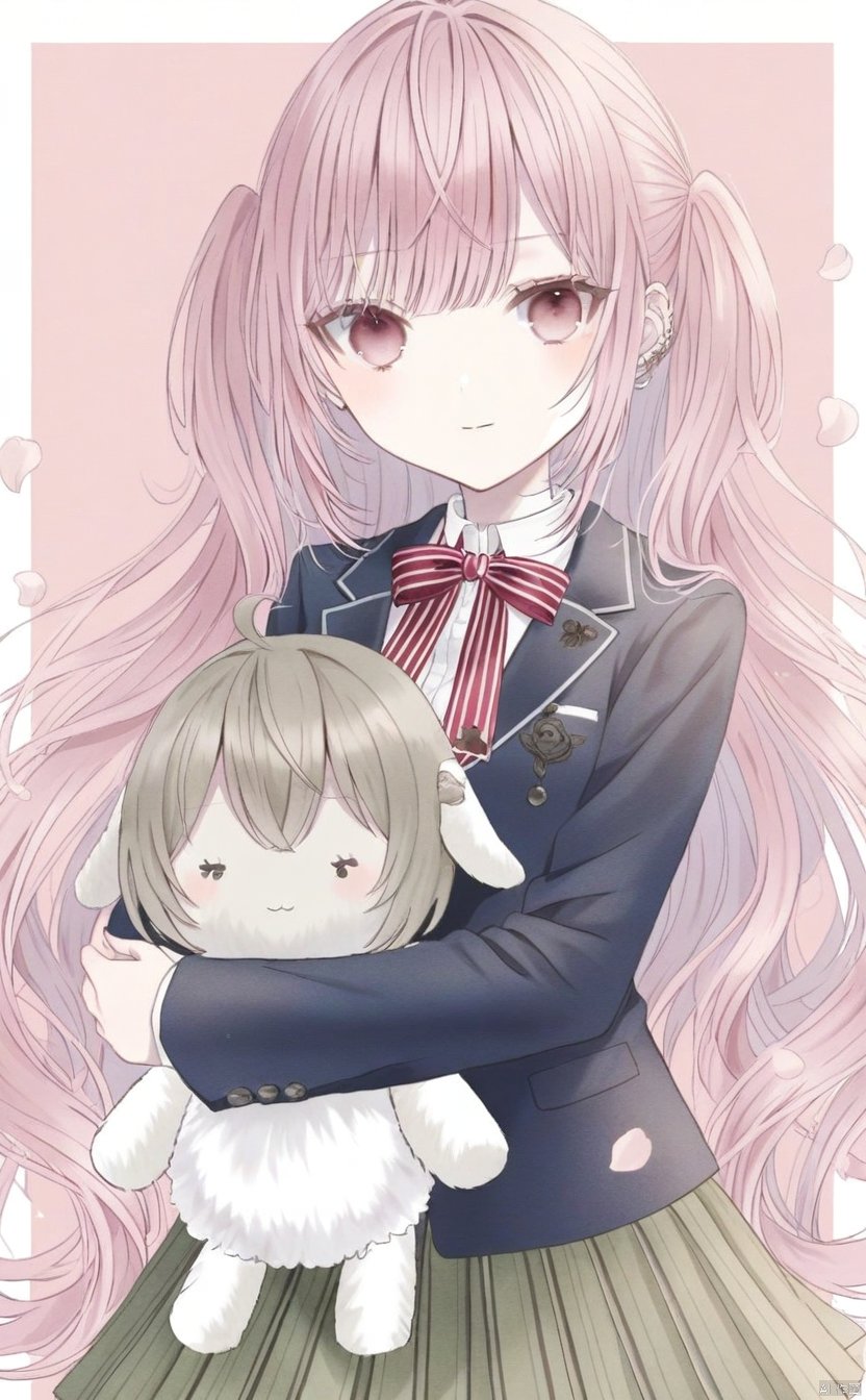 1girl, solo, long hair, looking at viewer, bangs, skirt, shirt, red eyes, long sleeves, bow, holding, very long hair, closed mouth, school uniform, jacket, white shirt, pink hair, flower, heart, pleated skirt, striped, collared shirt, virtual youtuber, bowtie, pink eyes, red bow, petals, rose, border, pink background, blazer, blue jacket, green skirt, pink flower, striped bow, object hug, doll, character doll, pink rose, striped bowtie, striped skirt, holding doll, mori calliope