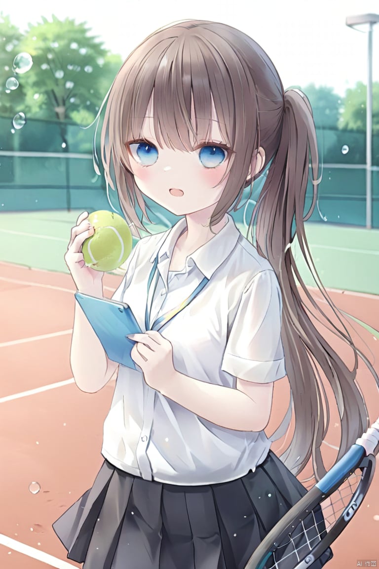 1girl, solo, long hair, blush, open mouth, bangs, blue eyes, skirt, brown hair, shirt, holding, very long hair, white shirt, ponytail, short sleeves, sidelocks, pleated skirt, outdoors, collared shirt, black skirt, tennis uniform, racket, tennis racket