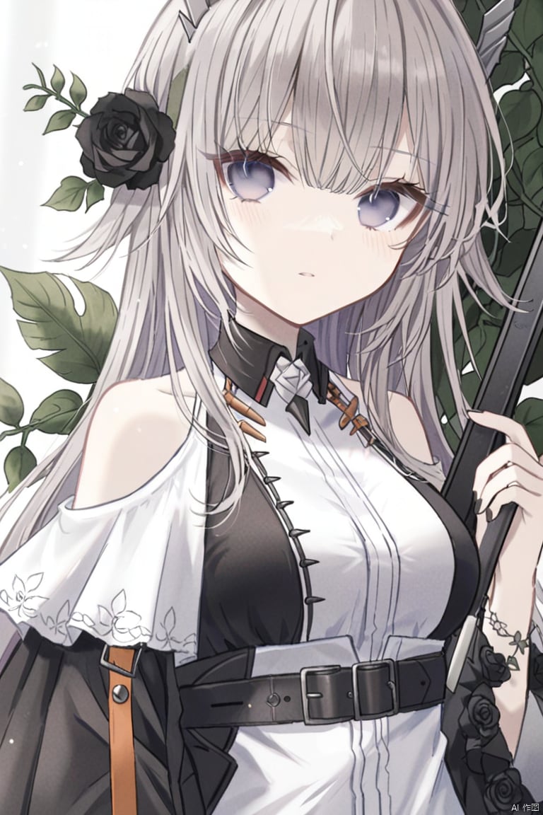 1girl, bangs, bare_shoulders, black_flower, blush, breasts, eyebrows_visible_through_hair, flower, hair_between_eyes, hair_flower, holding, large_breasts, leaf, looking_at_viewer, plant, rose, solo, upper_body, weapon, white_flower, white_rose,vendela_\(arknights\)