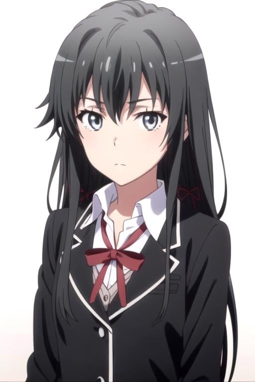 solo, 1girl, looking at viewer, 2D, anime, official style, anime coloring, anime screencap, upper body, (simple background, solid white background:1.3), <lora:yukino-oregairu:0.8>, yukino yukinoshita, school uniform, hair ribbon, closed mouth