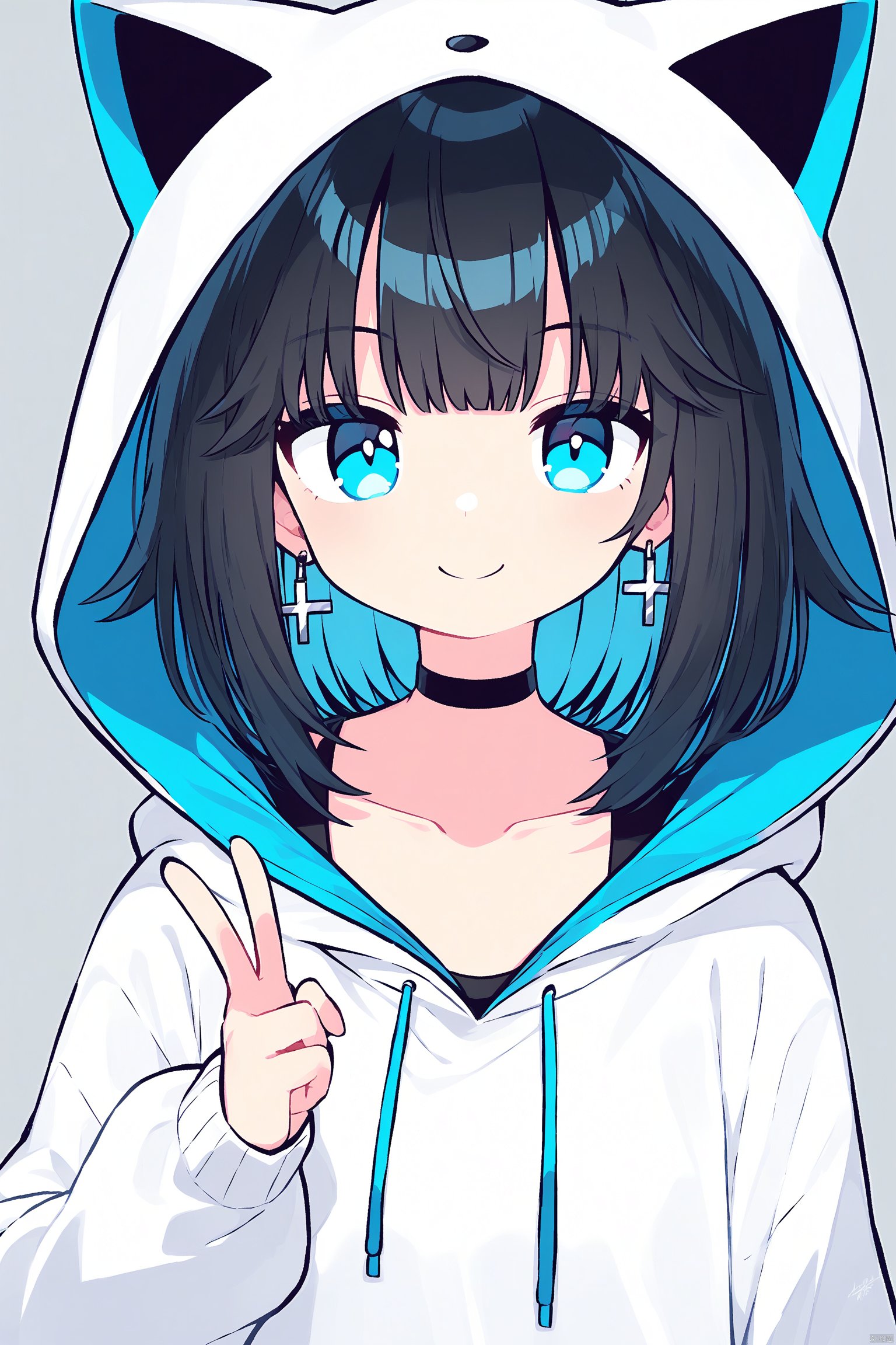 1girl, animal_ears, animal_hood, artist_name, bangs, black_hair, blue_eyes, cat_hood, choker, closed_mouth, cross_earrings, earrings, finger_to_mouth, grey_background, hood, hood_up, hoodie, jewelry, long_sleeves, looking_at_viewer, short_hair, signature, simple_background, smile, solo, upper_body, v, white_hoodie