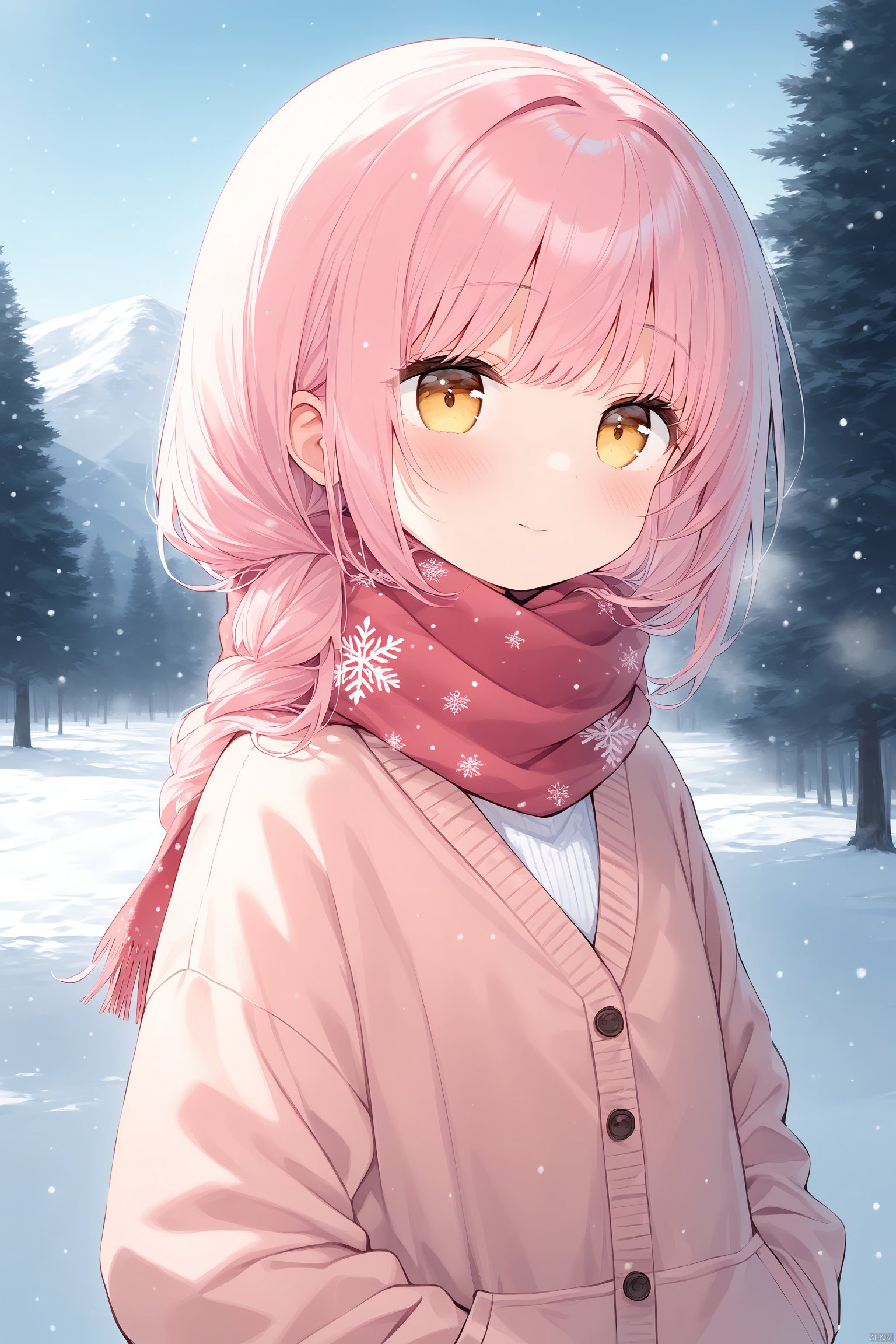 (masterpiece),(best quality),1girl, loli, solo, pink hair, long hair, yellow eyes, wearing pink knitted sweater, white collar poking out, red scarf wrapped around neck, rosy cheeks from cold, standing outdoors in winter scene, snowing lightly, snowflakes in hair, pine trees dusted white behind, looking ahead, cropped close-up composition, focus on face and upper body, intricate sweater details, photorealistic knit textures, vivid expression, hands in sweater pockets, (masterpiece quality illustration), (intricately detailed)