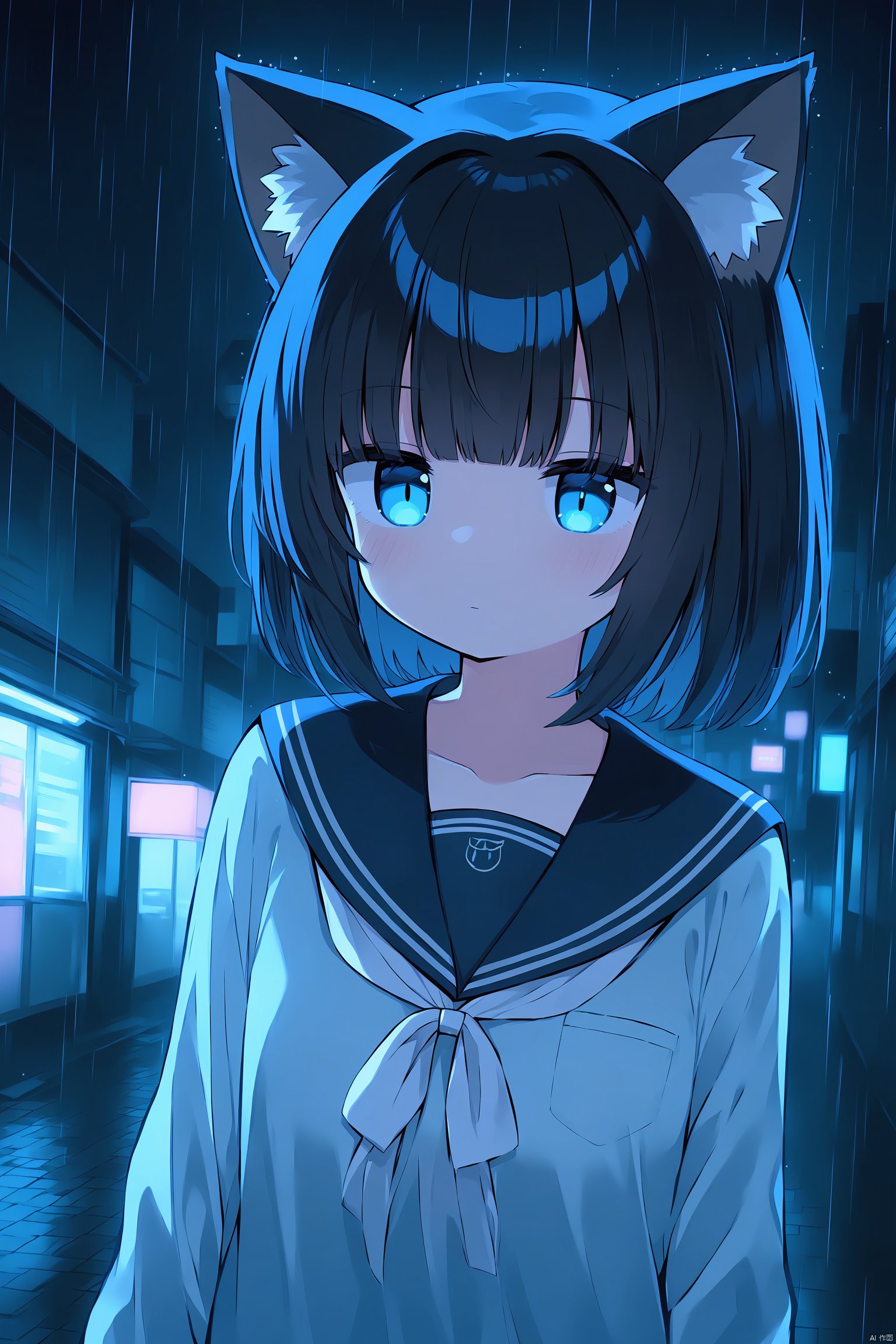 animal_ears, 1girl, black_hair, sailor_collar, solo, short_hair, cat_ears, school_uniform, serafuku, black_sailor_collar, upper_body, rain, shirt, white_shirt, long_sleeves, night, closed_mouth, scenery, bangs