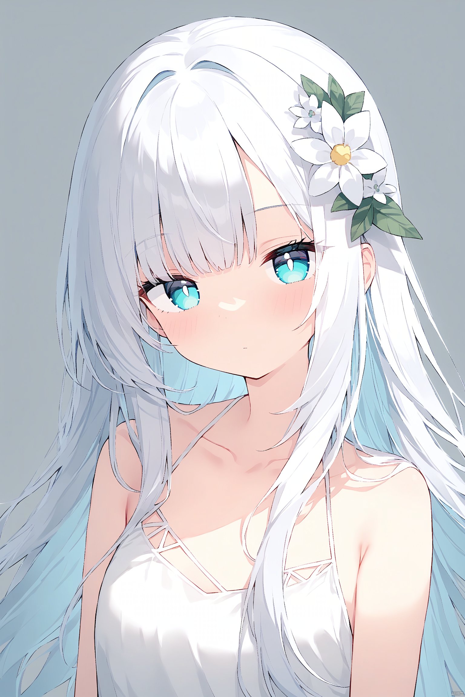 (masterpiece),(best quality),1girl, bangs, bright_pupils, closed_mouth, flower, grey_background, hair_ornament, long_hair, looking_at_viewer, solo, upper_body, very_long_hair, white_flower, white_pupils